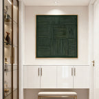 Lumi Gallery's Wabi-Sabi dark green textured geometric wall art with gold frame in contemporary space