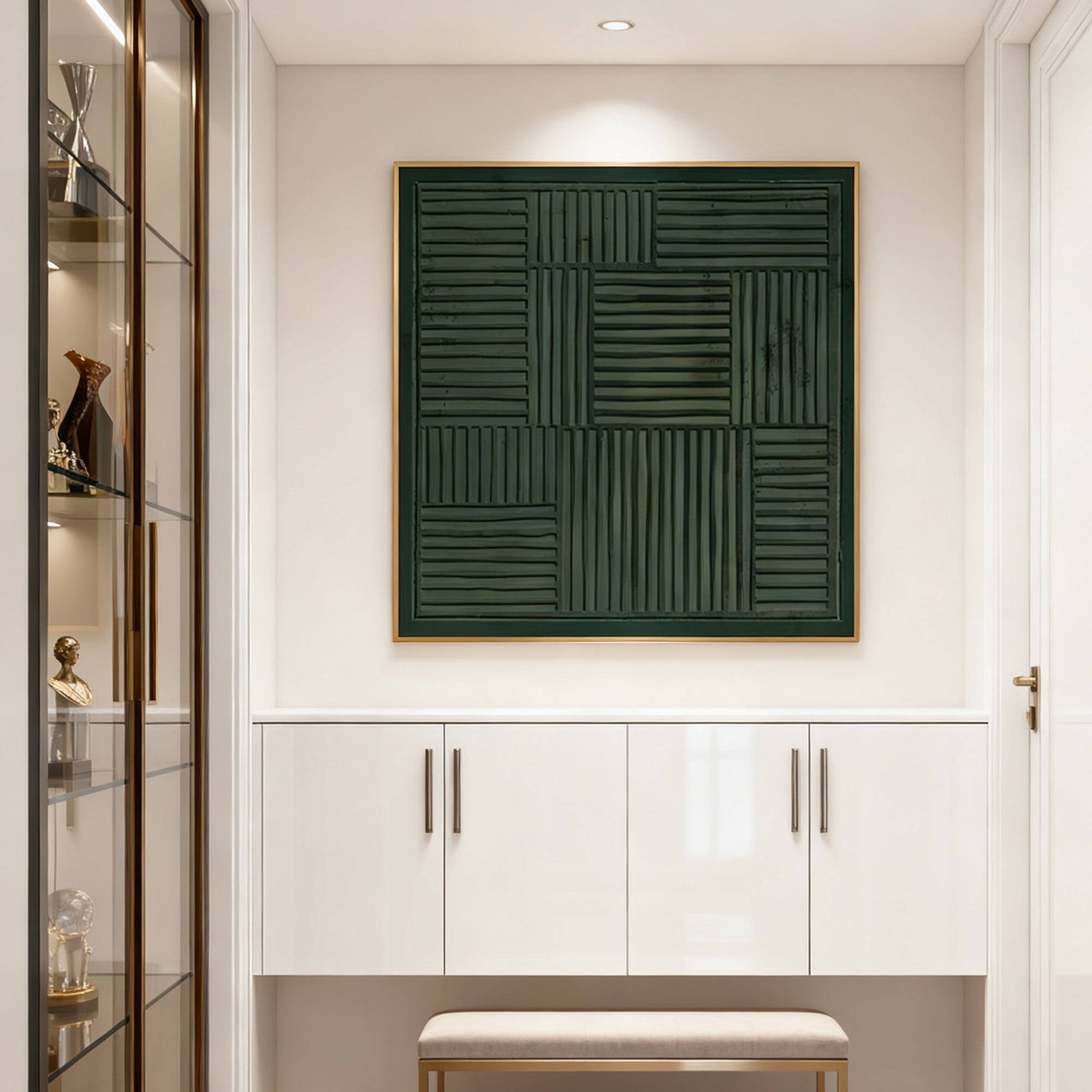Lumi Gallery's Wabi-Sabi dark green textured geometric wall art with gold frame in contemporary space