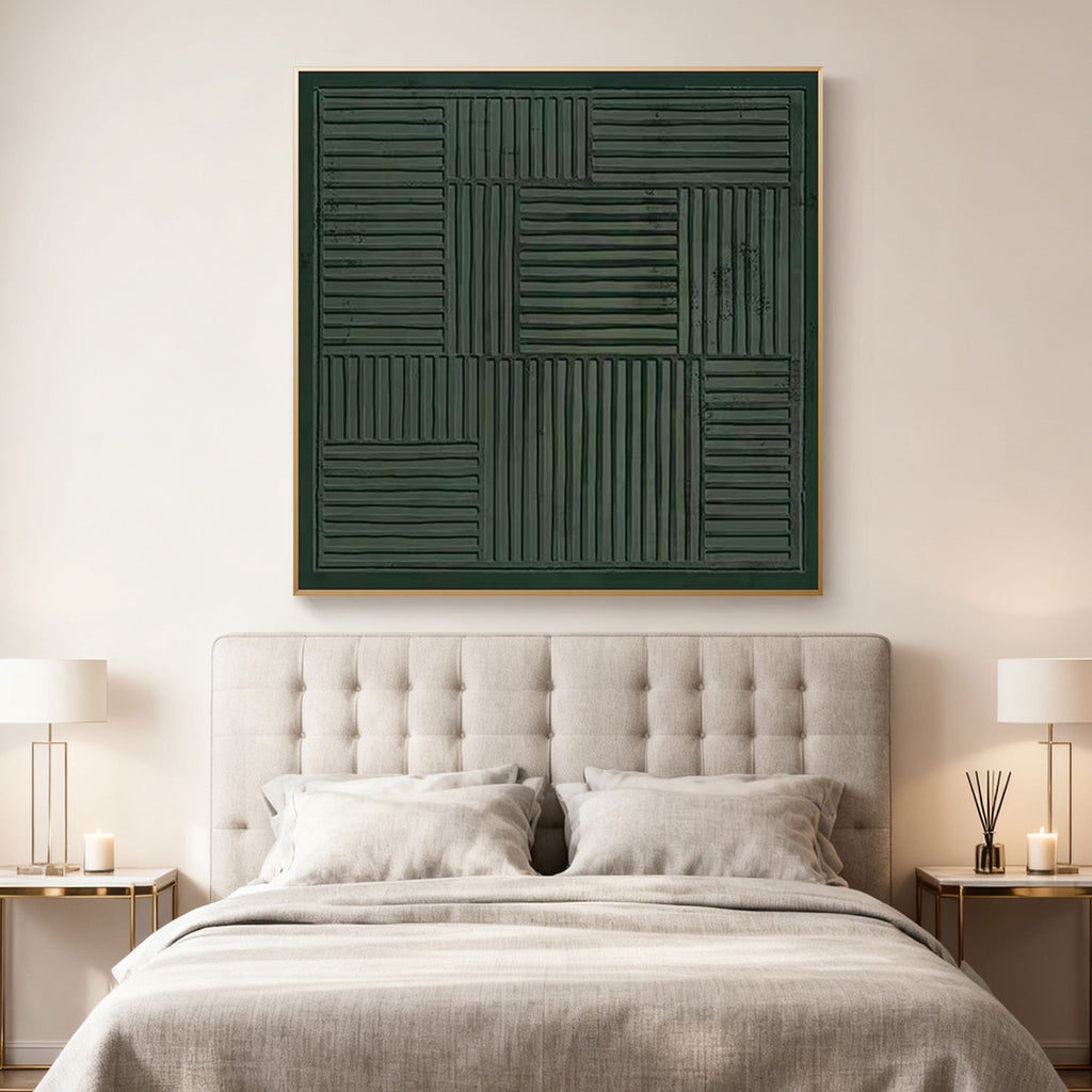 Dark green 3D textured Wabi-Sabi geometric wall art with woven pattern, displayed above a bed in a contemporary bedroom.