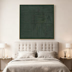 Dark green 3D textured Wabi-Sabi geometric wall art with woven pattern, displayed above a bed in a contemporary bedroom.