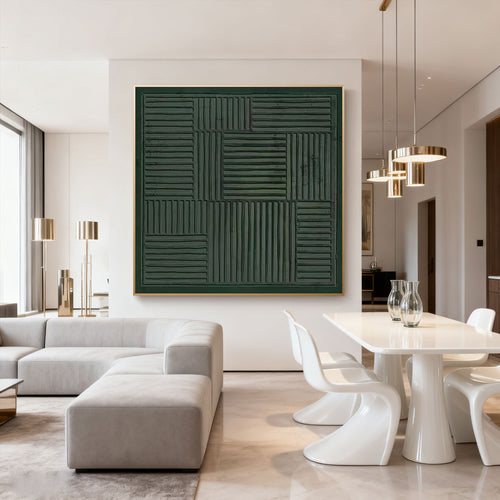 Large 3D textured Wabi-Sabi geometric wall art with woven dark green pattern, displayed in contemporary living room.