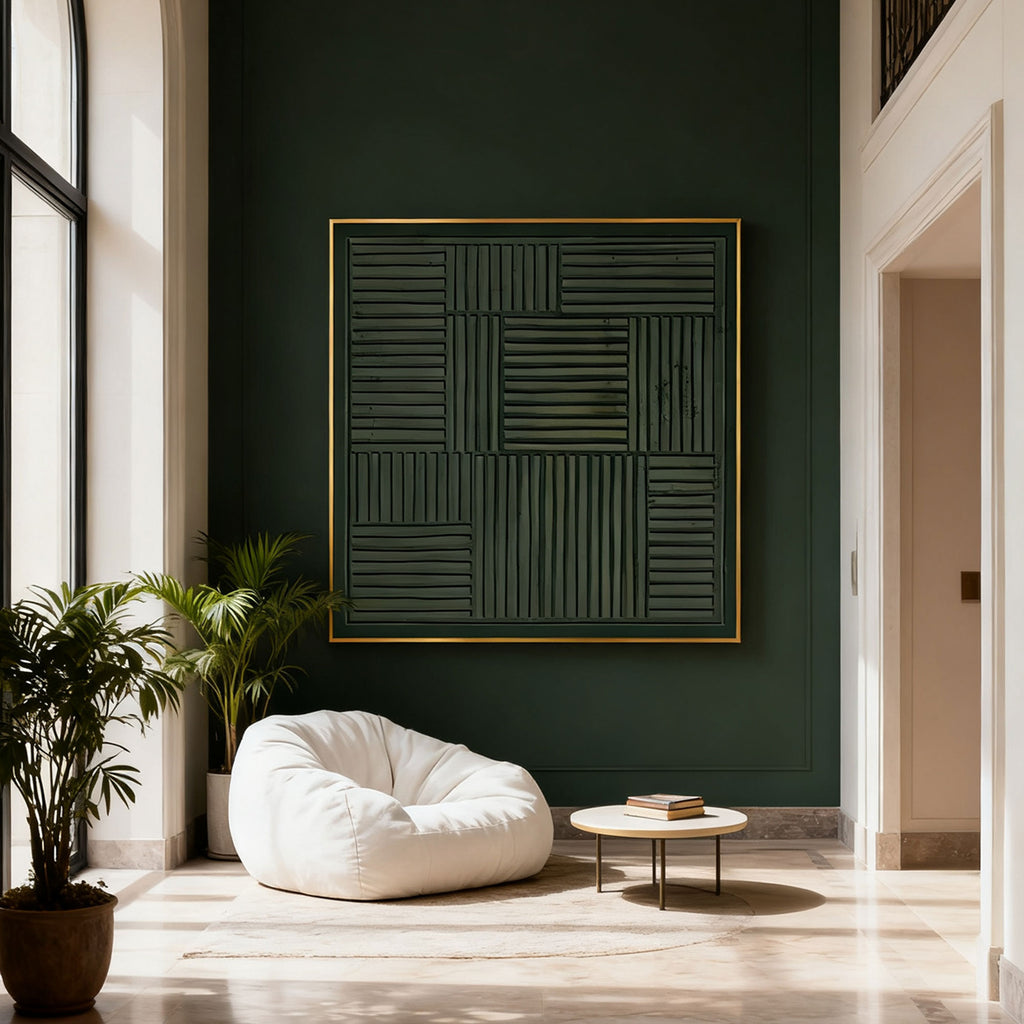 Lumi Gallery's dark green wall with gold-framed 3D textured wabi-sabi geometric wall art