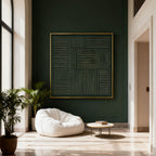 Lumi Gallery's dark green wall with gold-framed 3D textured wabi-sabi geometric wall art
