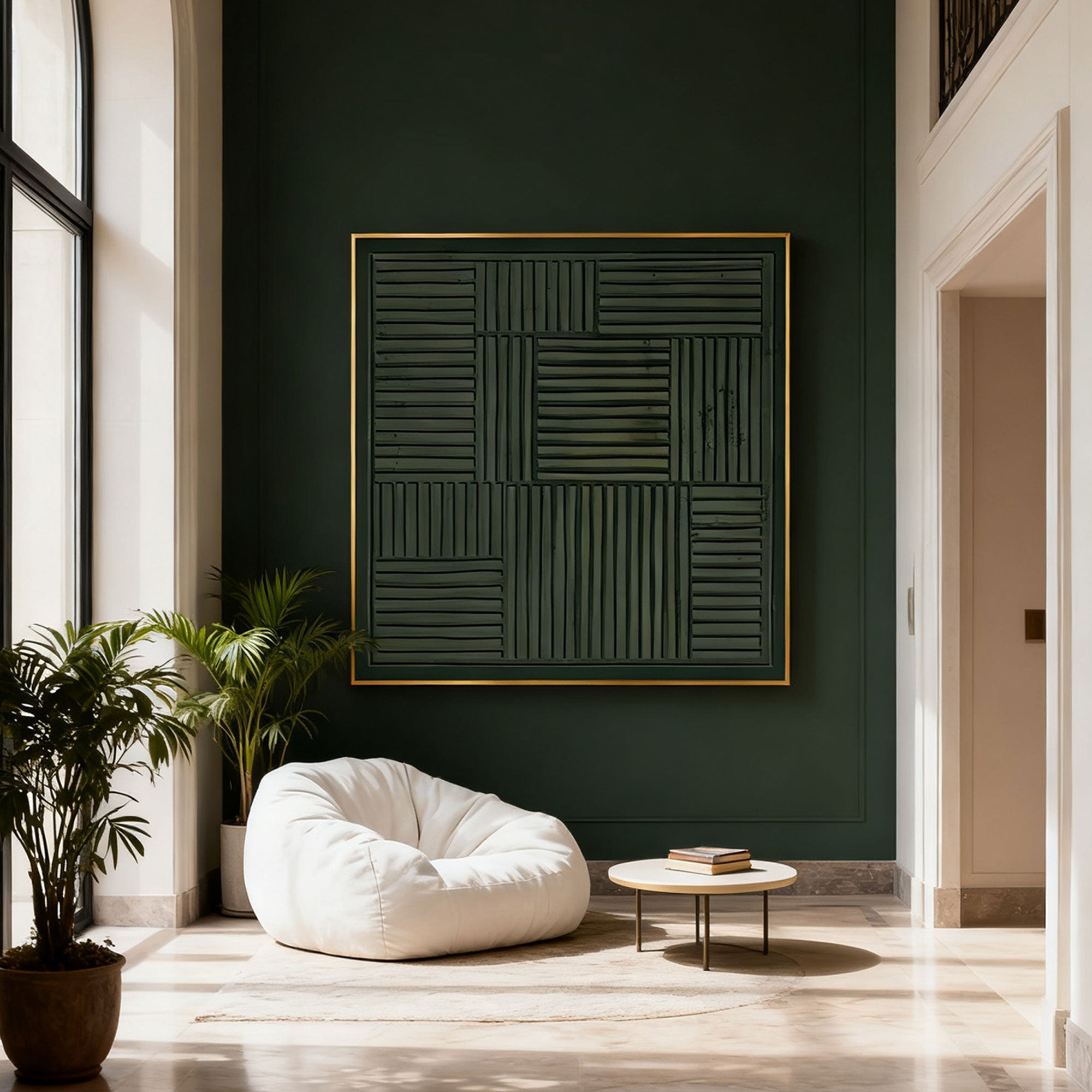 Lumi Gallery's dark green wall with gold-framed 3D textured wabi-sabi geometric wall art
