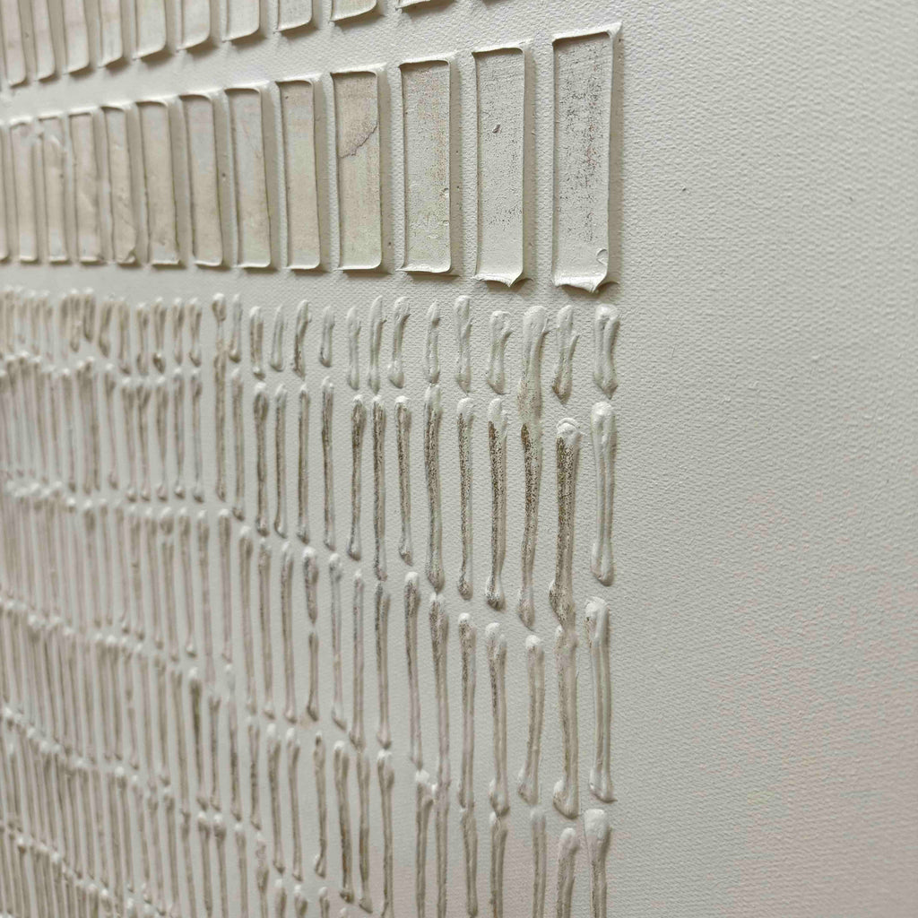 Minimalist Japandi geometric wall art 'Woven Silence', neutral tones, textured weave, Lumi Gallery
