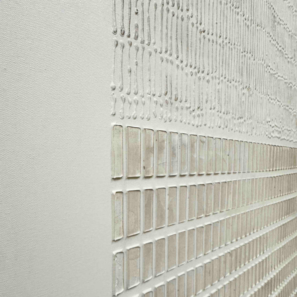 Minimalist Japandi geometric painting with textured canvas, neutral tones, geometric patterns – Lumi Gallery