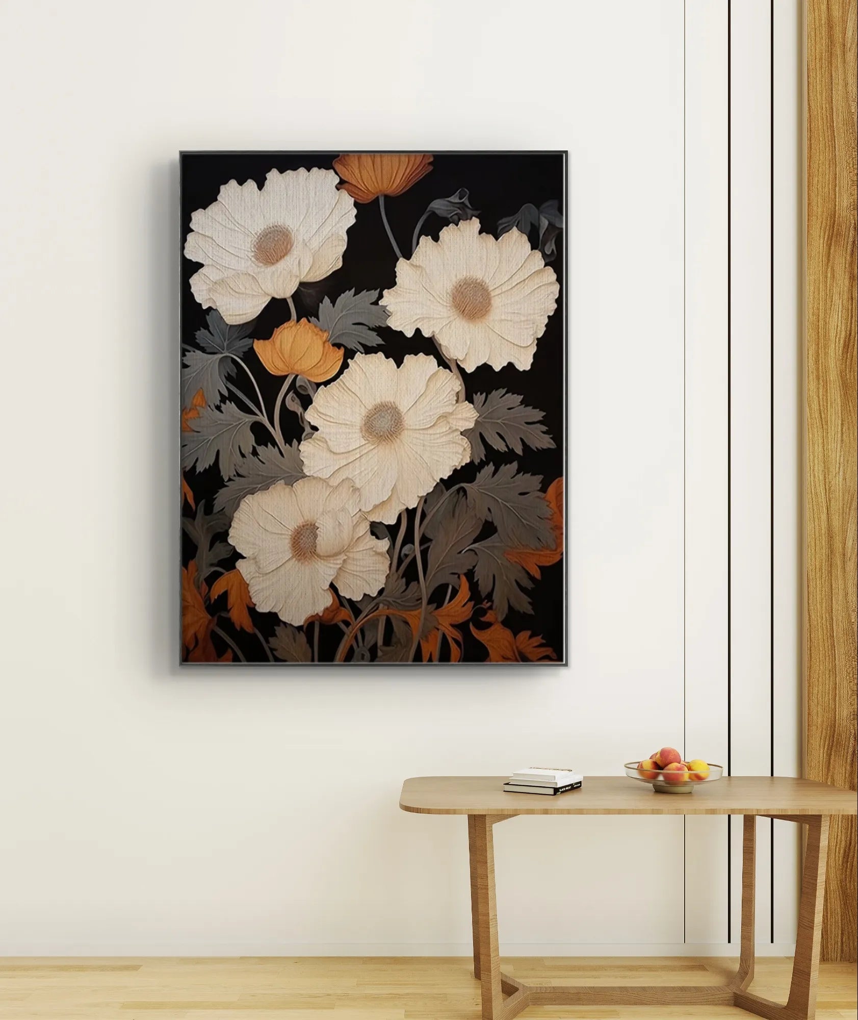 Elegant Floral Painting in White and Orange for Modern Decor #FL001