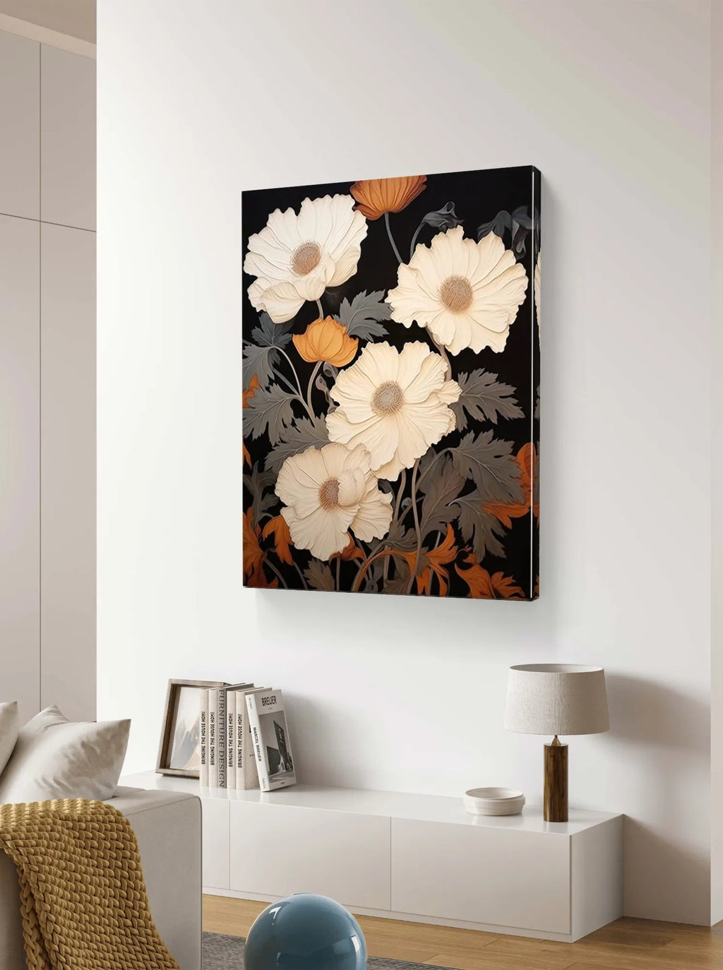 Elegant Floral Painting in White and Orange for Modern Decor #FL001