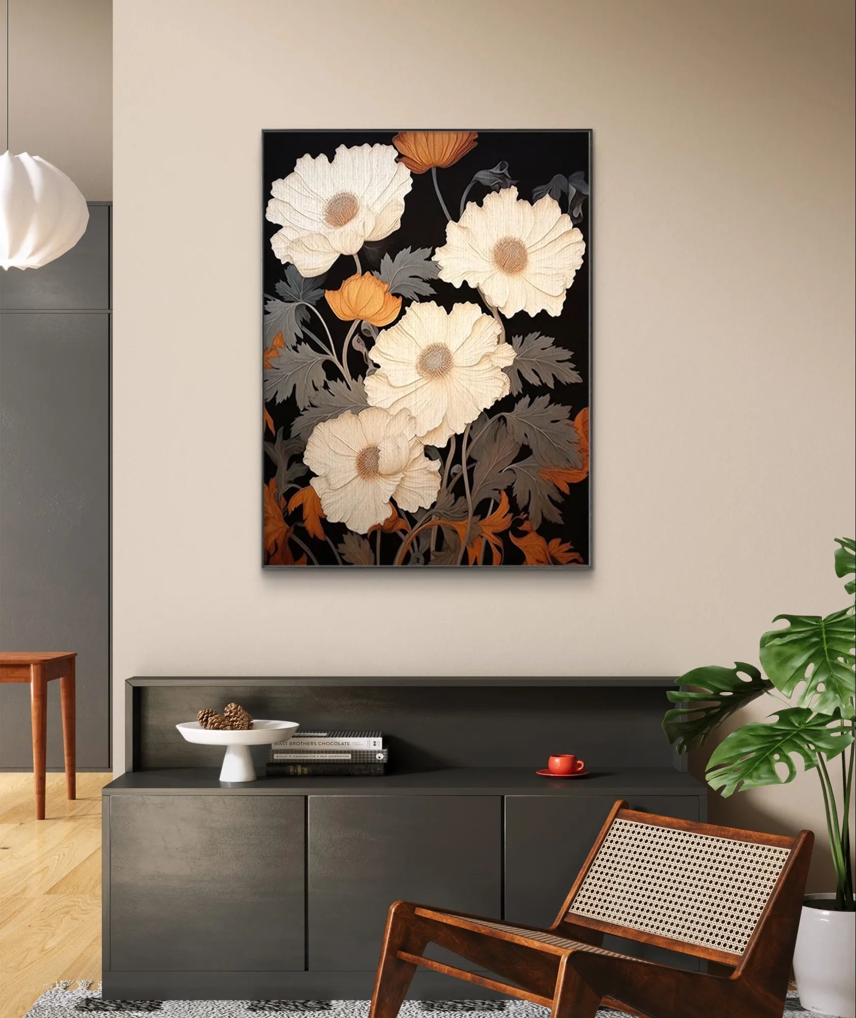 Elegant Floral Painting in White and Orange for Modern Decor #FL001
