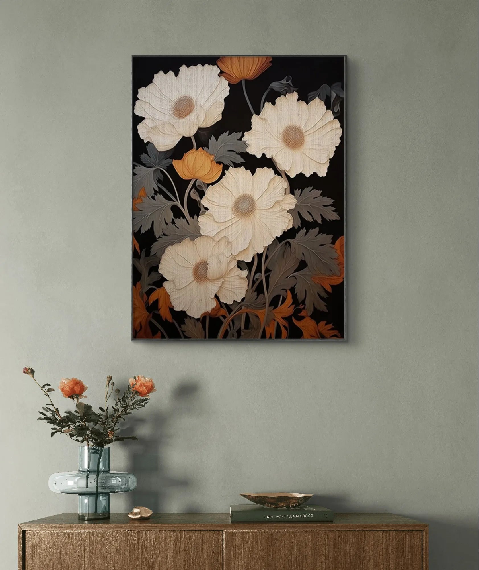 Elegant Floral Painting in White and Orange for Modern Decor #FL001