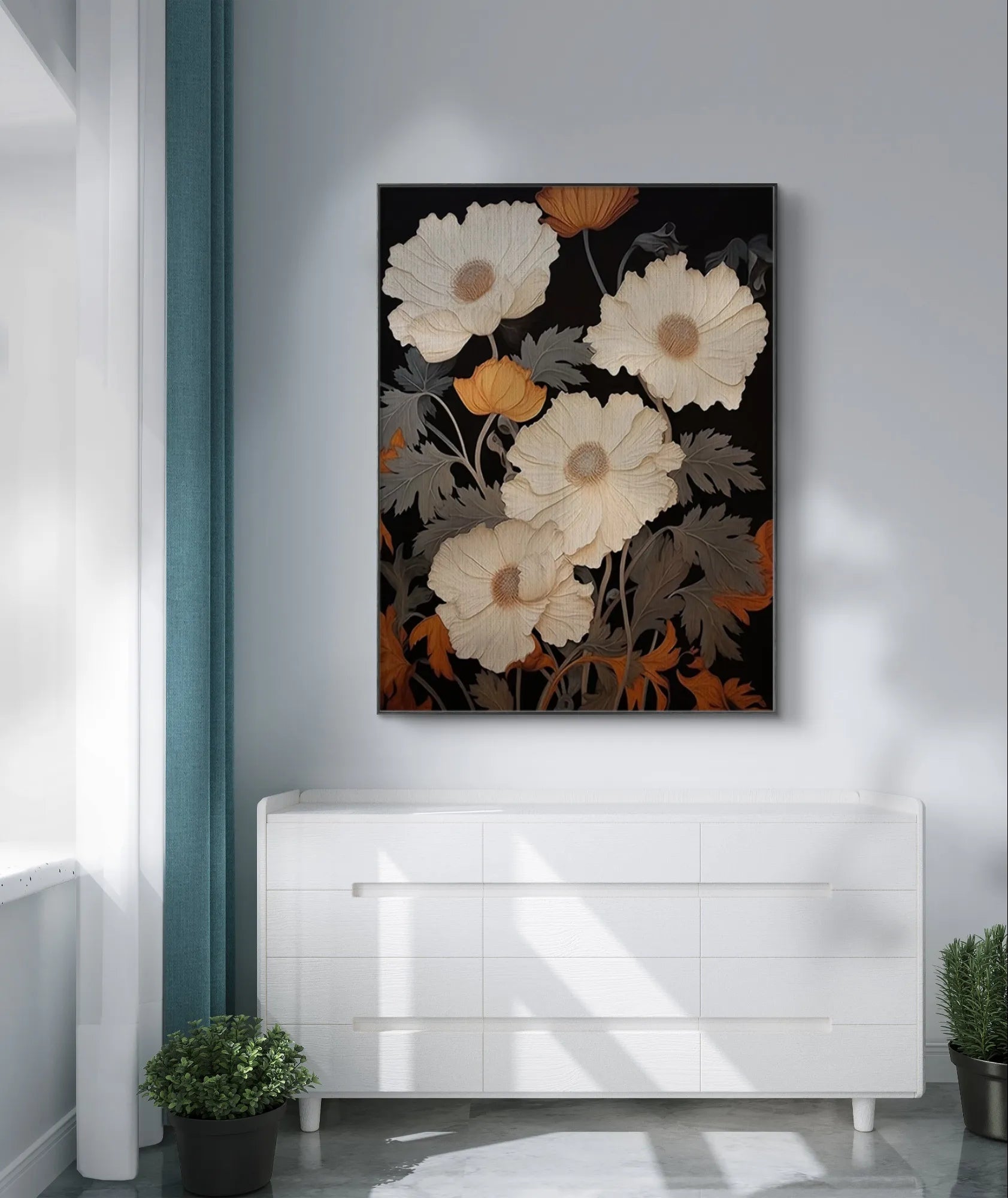 Elegant Floral Painting in White and Orange for Modern Decor #FL001