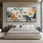Hand-painted textured floral artwork in white and blue-green with warm accents, horizontal canvas decor