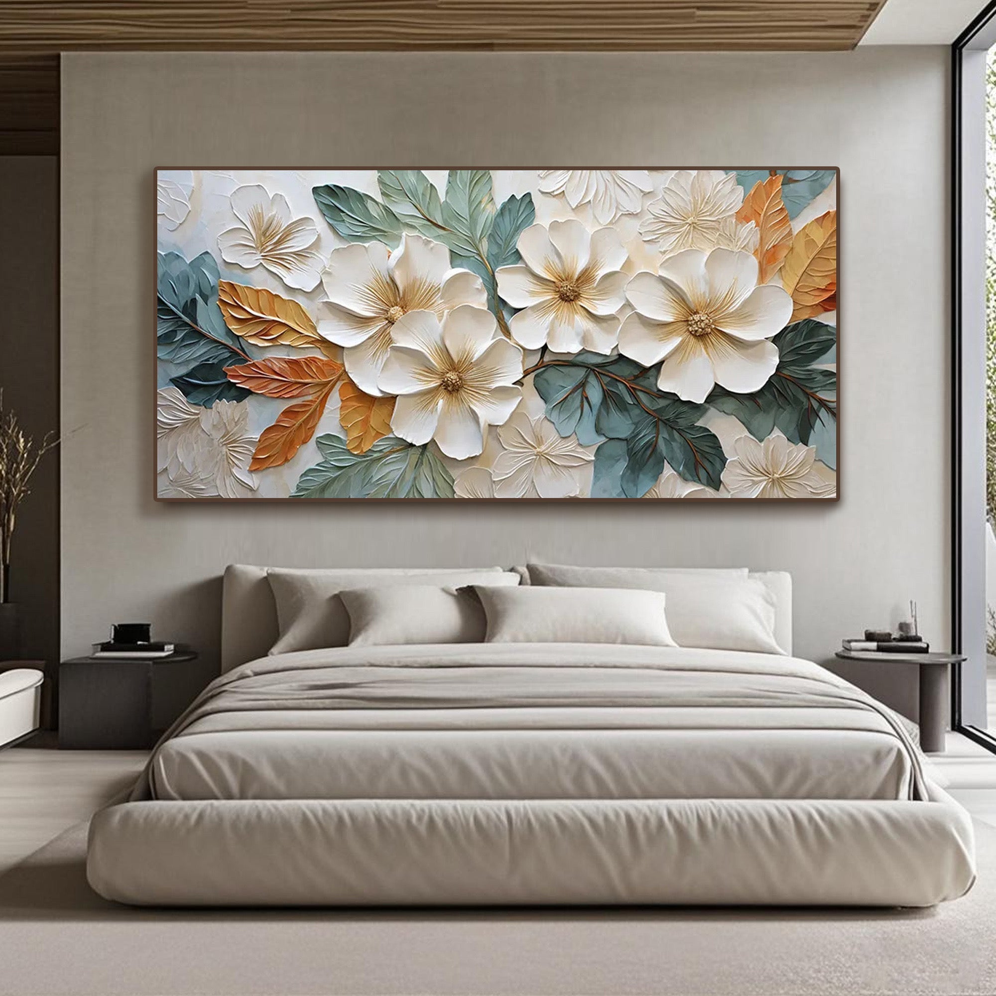 Hand-painted textured floral artwork in white and blue-green with warm accents, horizontal canvas decor