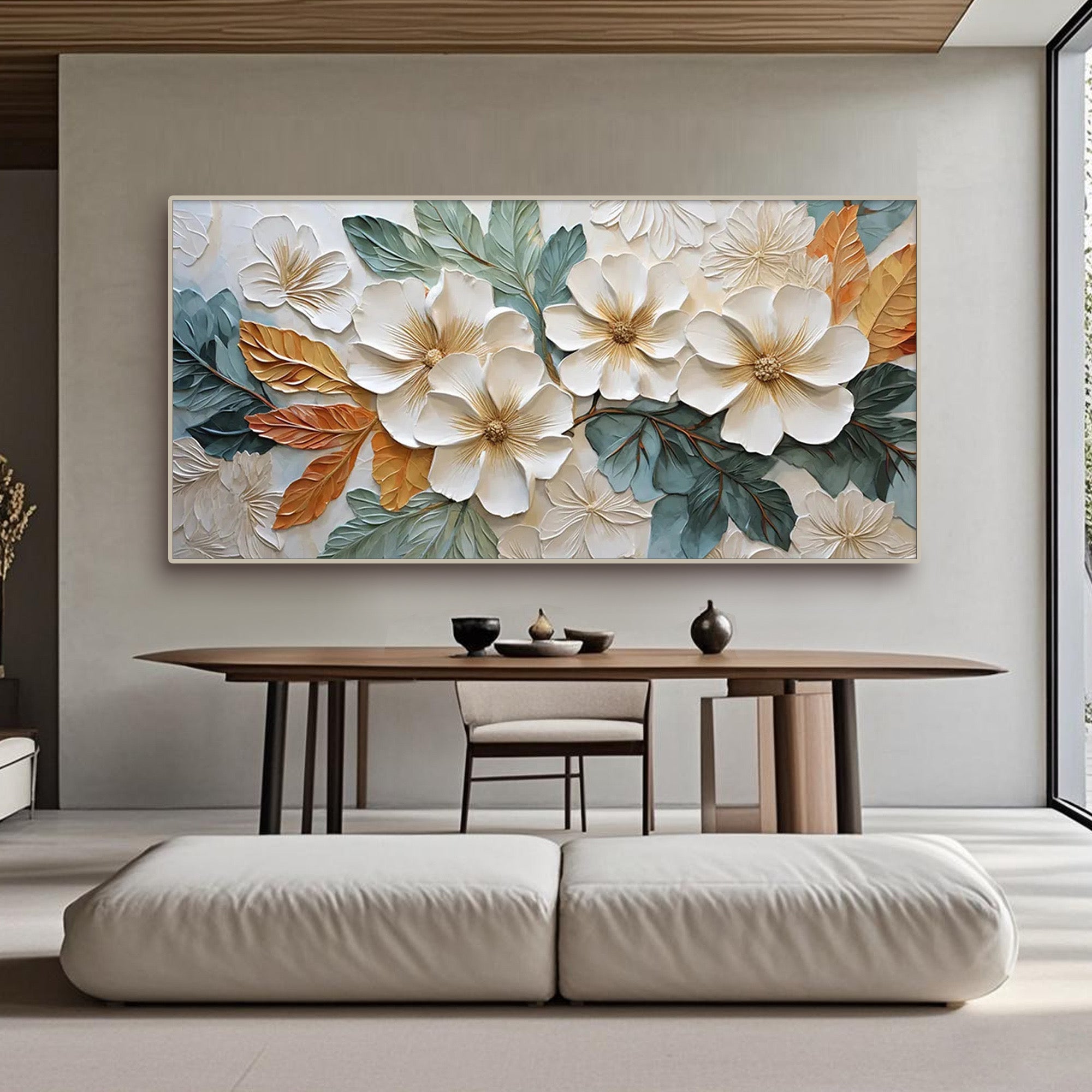 Elegant textured wall decor of white flowers and sculptural foliage