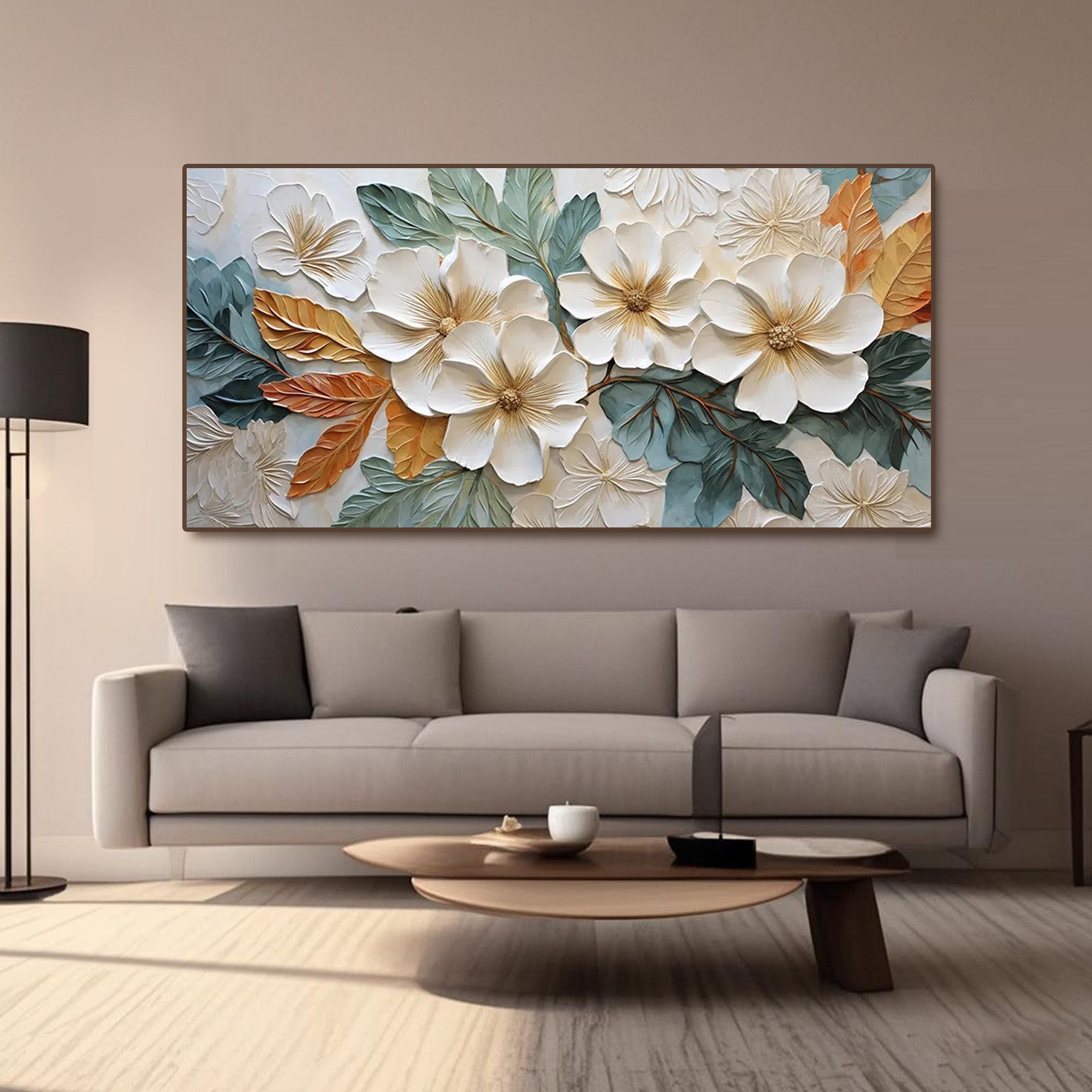 Modern 3D flower wall art featuring sculptural white petals and soft-toned foliage, perfect for contemporary interiors