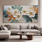 Modern botanical wall art featuring textured flowers and layered foliage