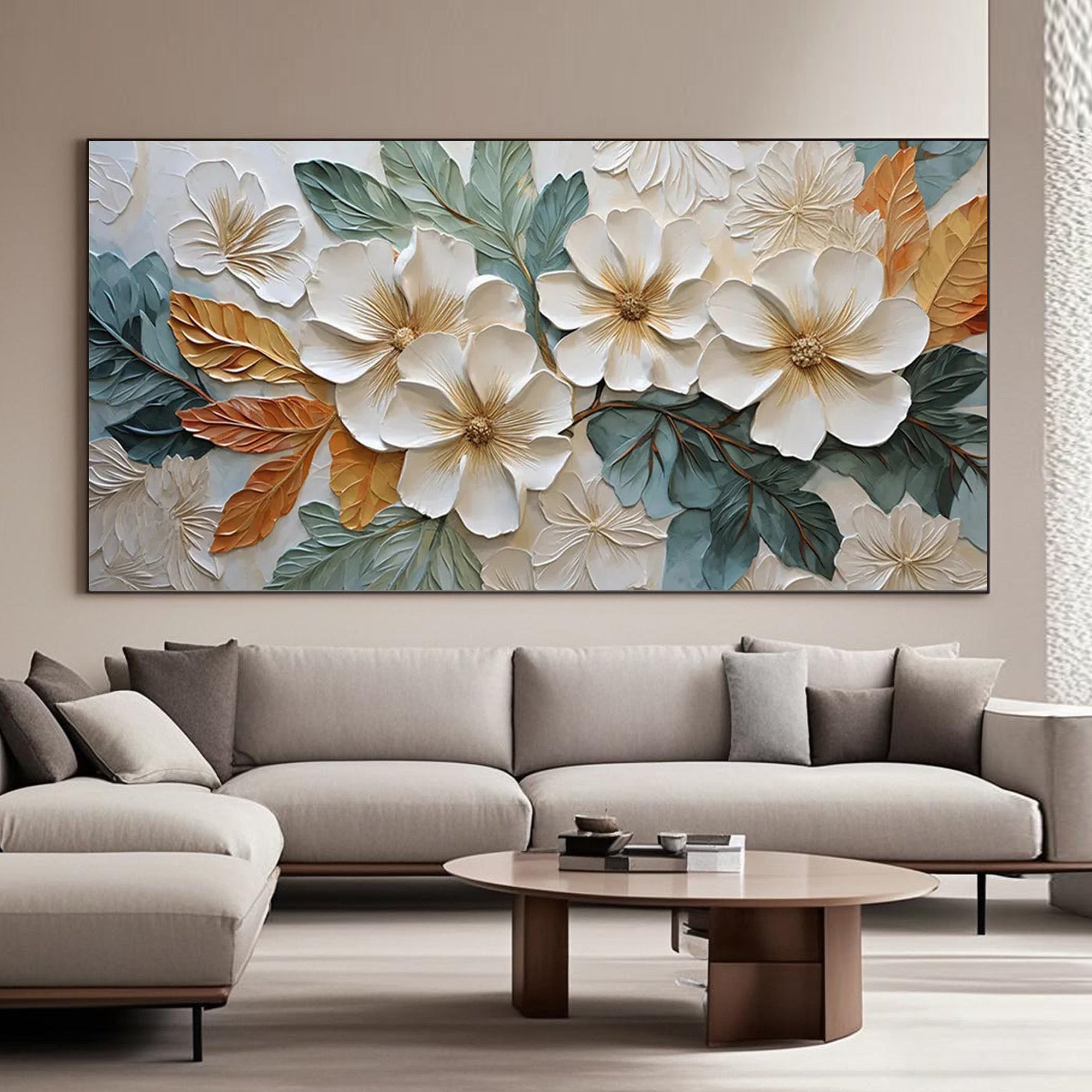 Modern botanical wall art featuring textured flowers and layered foliage