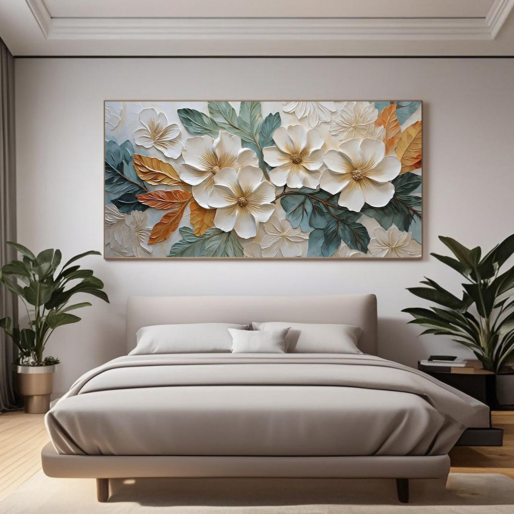 3D textured white floral painting with blue-green leaves and orange-yellow accents, hand-painted on eco-friendly canvas