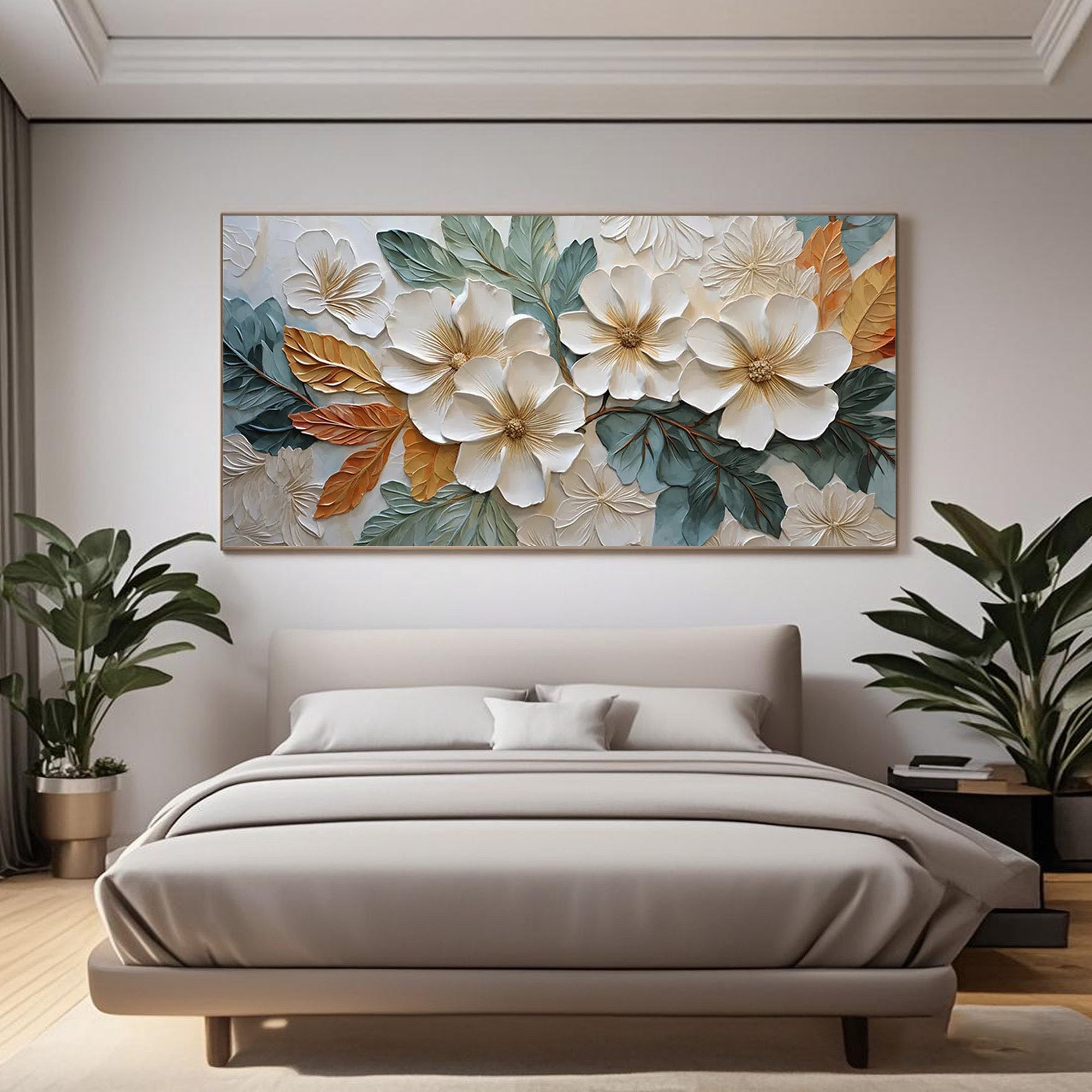 3D textured white floral painting with blue-green leaves and orange-yellow accents, hand-painted on eco-friendly canvas