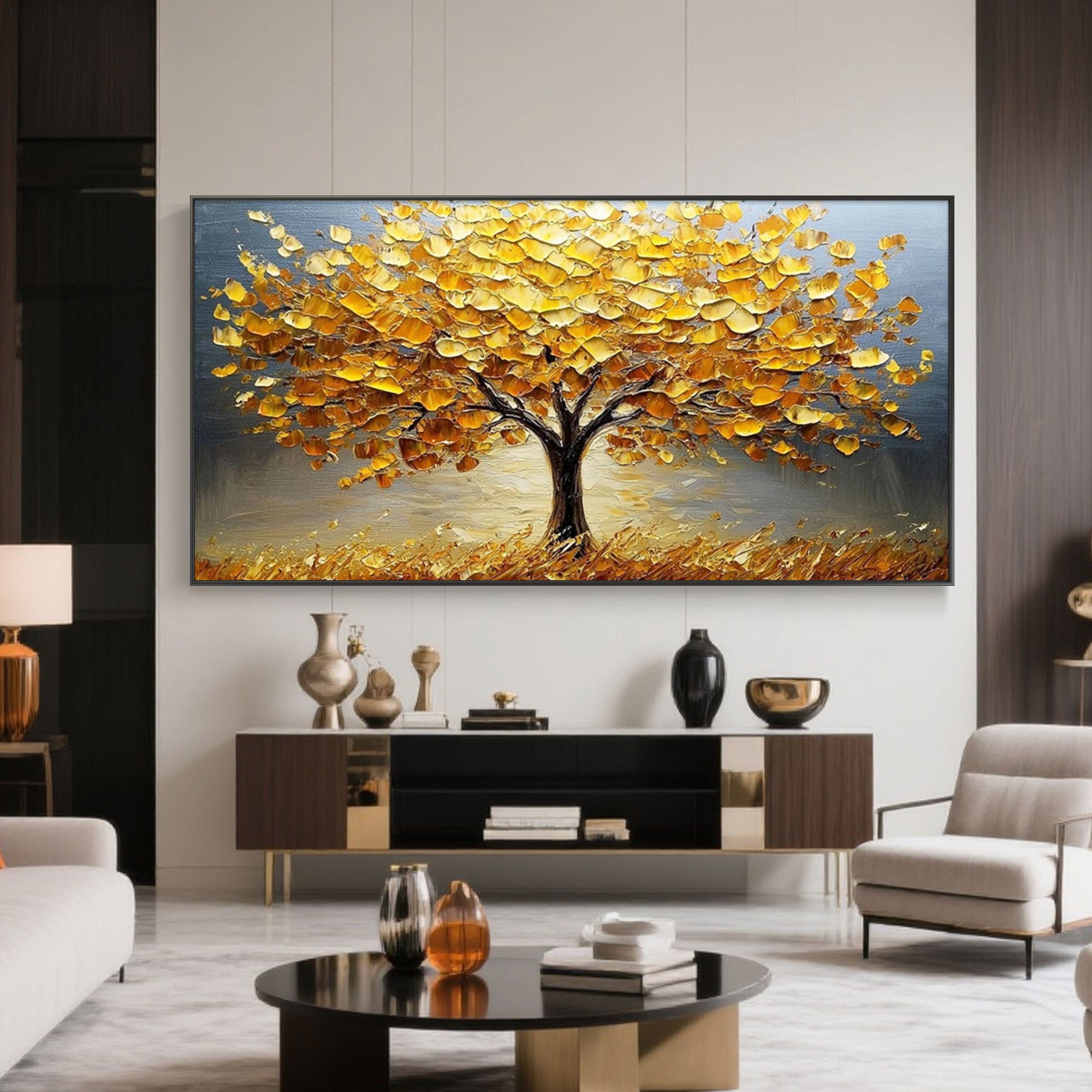 Twilight Grove Gold Tree painting full view in living space.