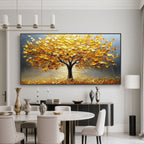 Twilight Grove expressionist gold tree art in modern dining room.