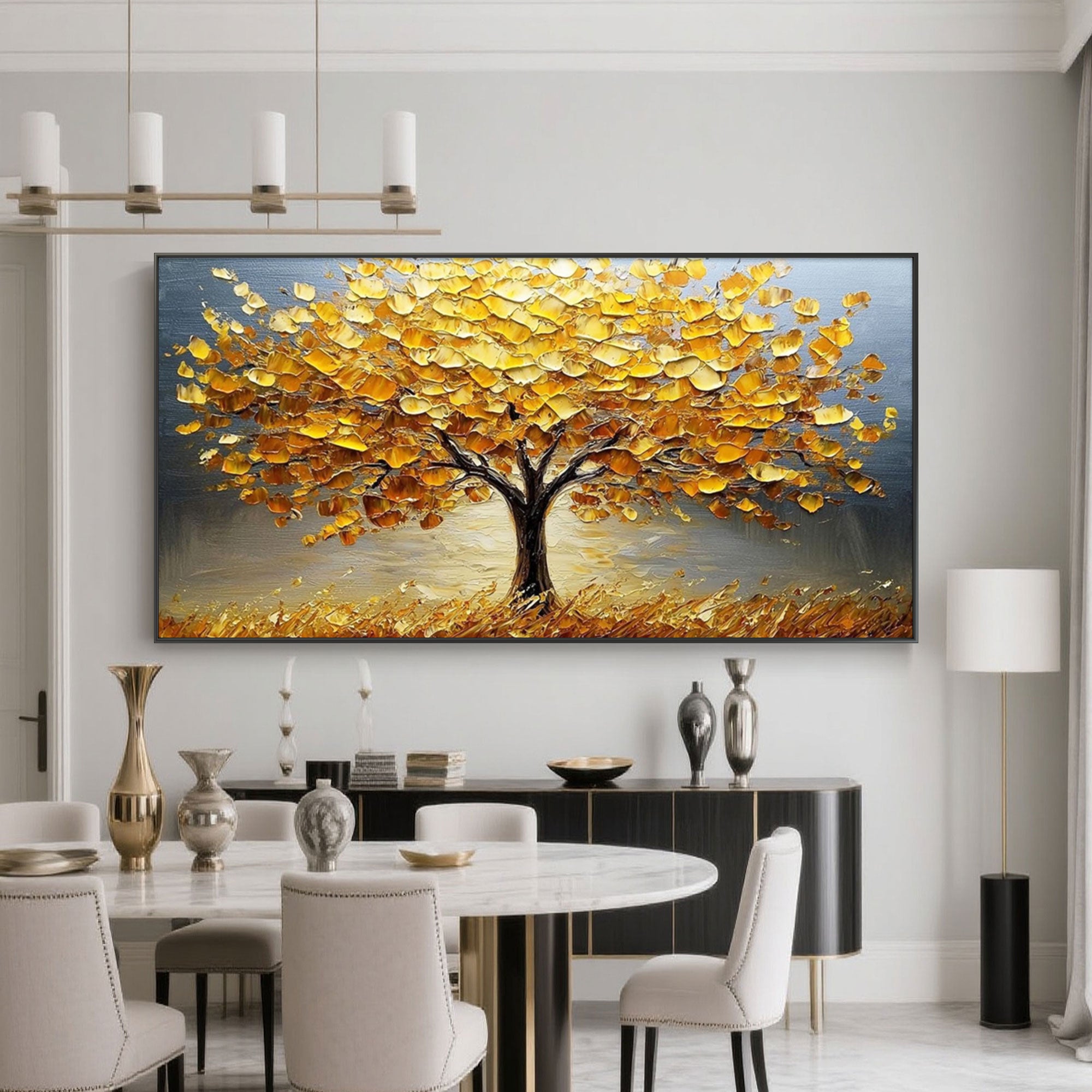 Twilight Grove expressionist gold tree art in modern dining room.