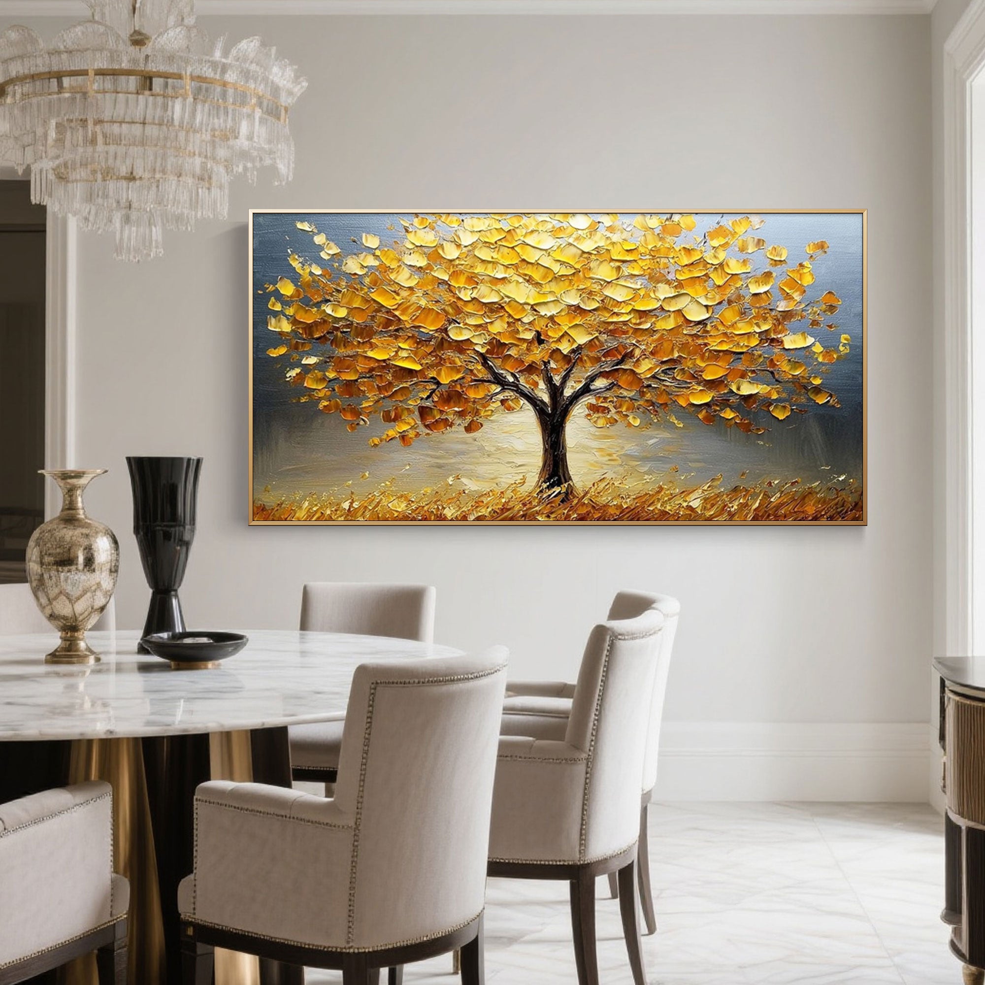 Close up the yellow and brown hand painted tree art.