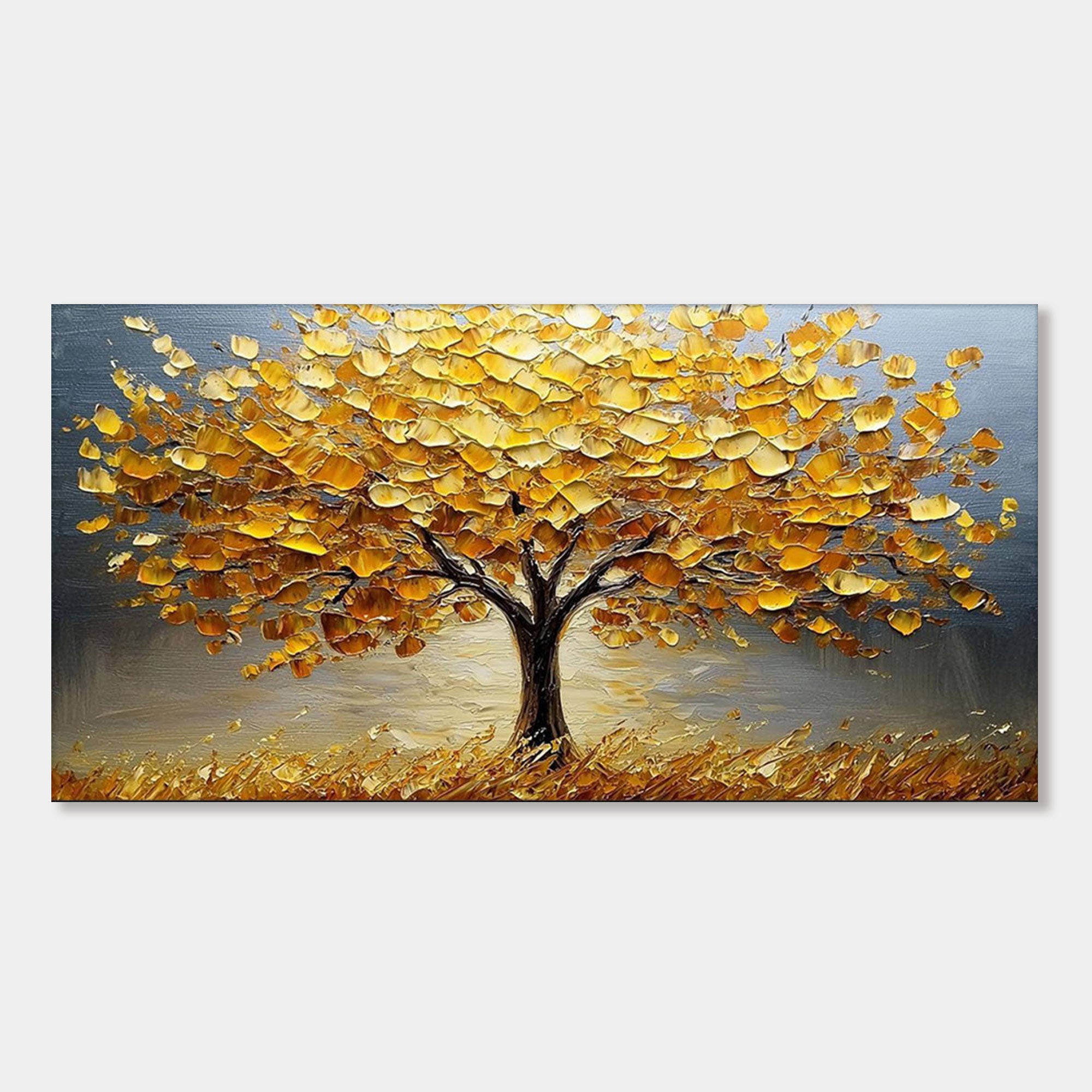 Expressionist tree painting with thick gold impasto texture.
