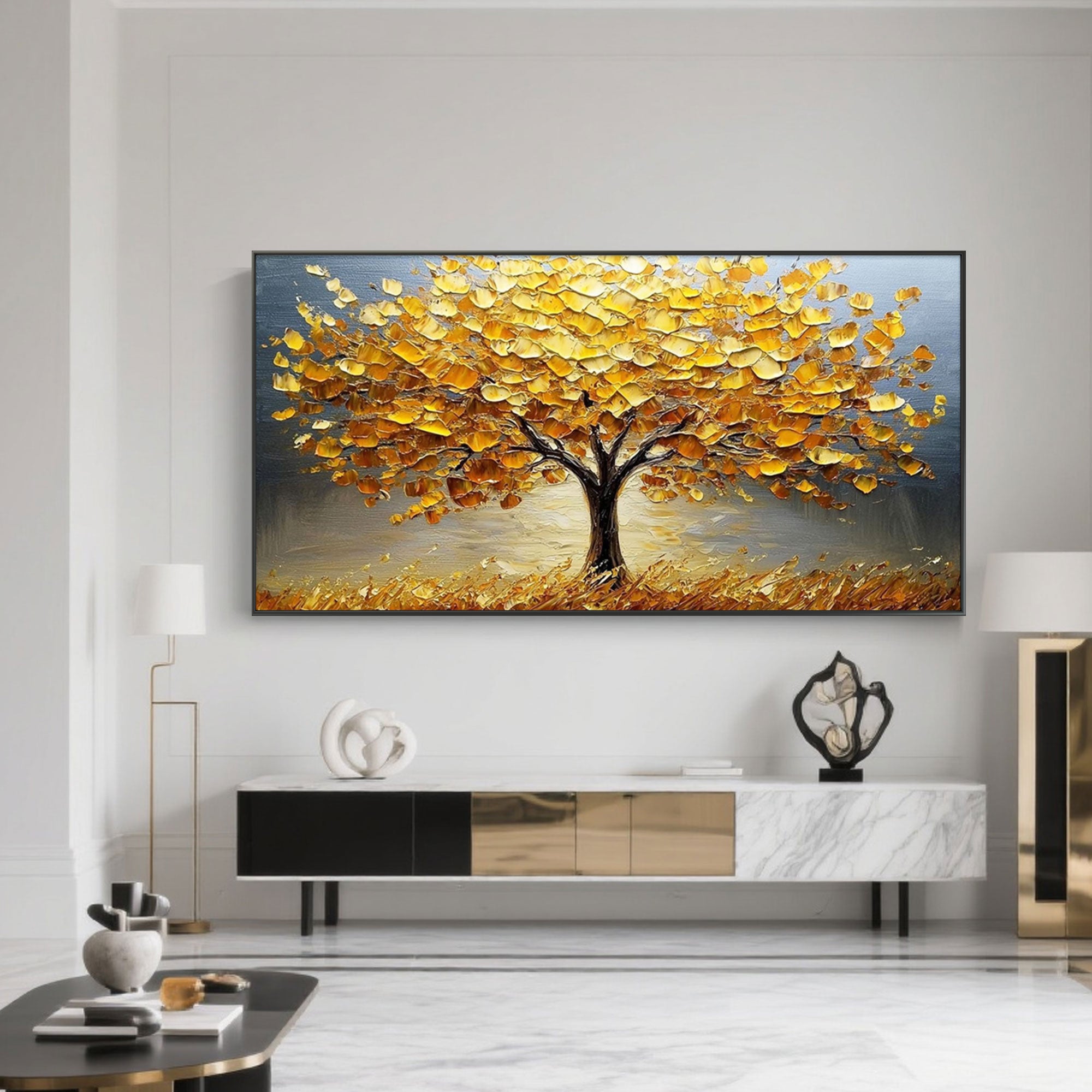 Twilight Grove Gold Tree Wall Art displayed in bright living room.