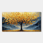 Expressionist landscape art: golden leaf tree against a blue mountain backdrop.