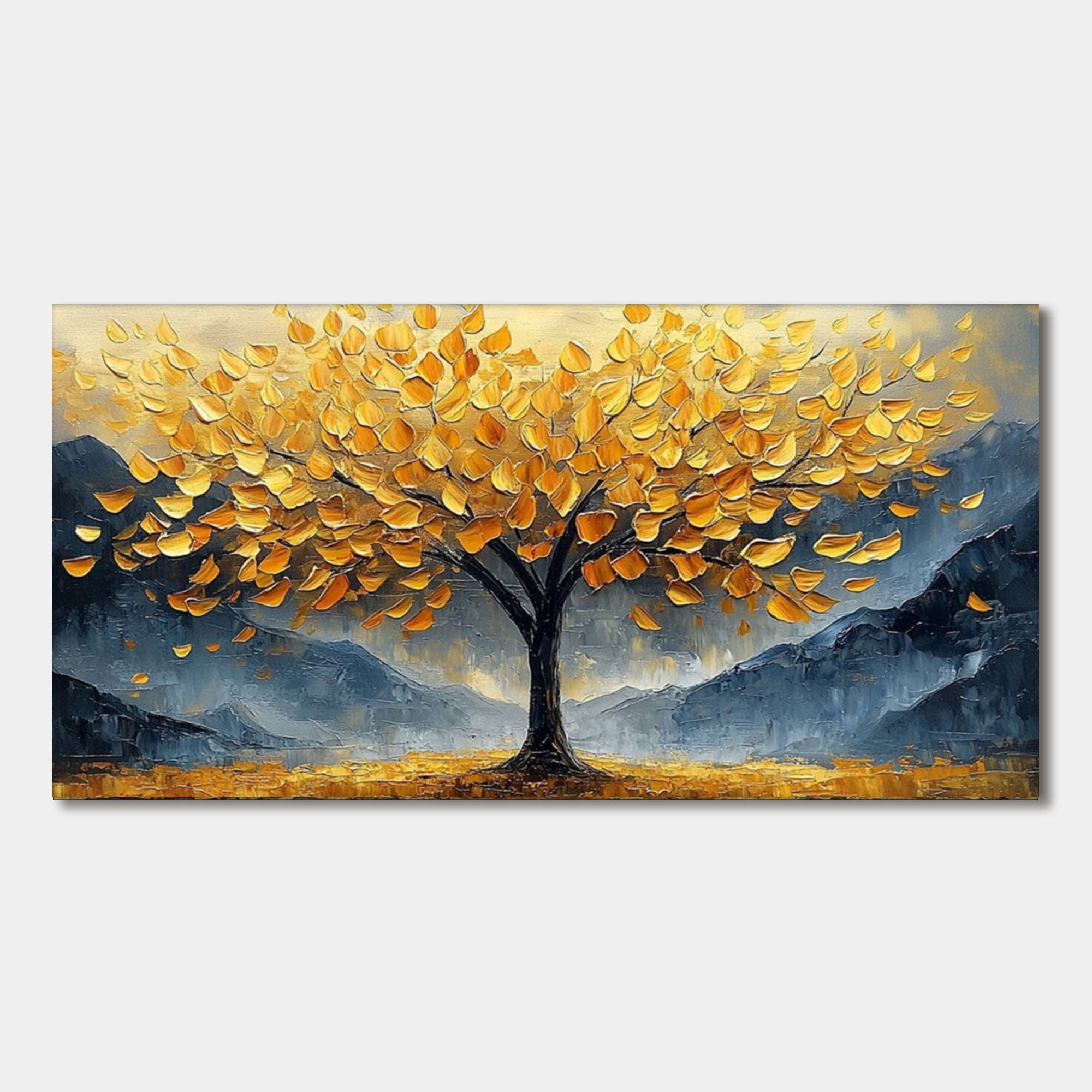 Expressionist landscape art: golden leaf tree against a blue mountain backdrop.