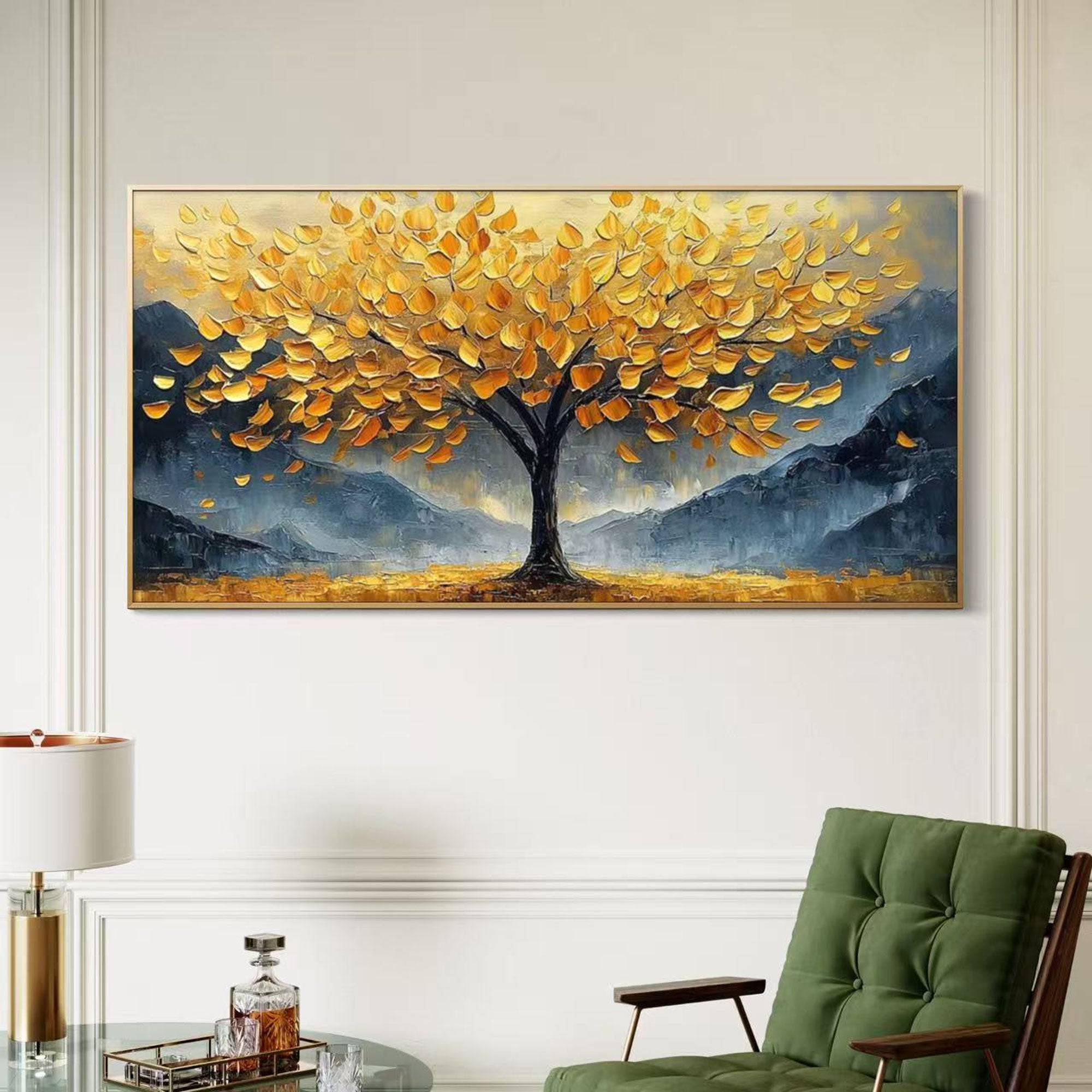 Expressionist tree painting with yellow leaves in modern home decor.