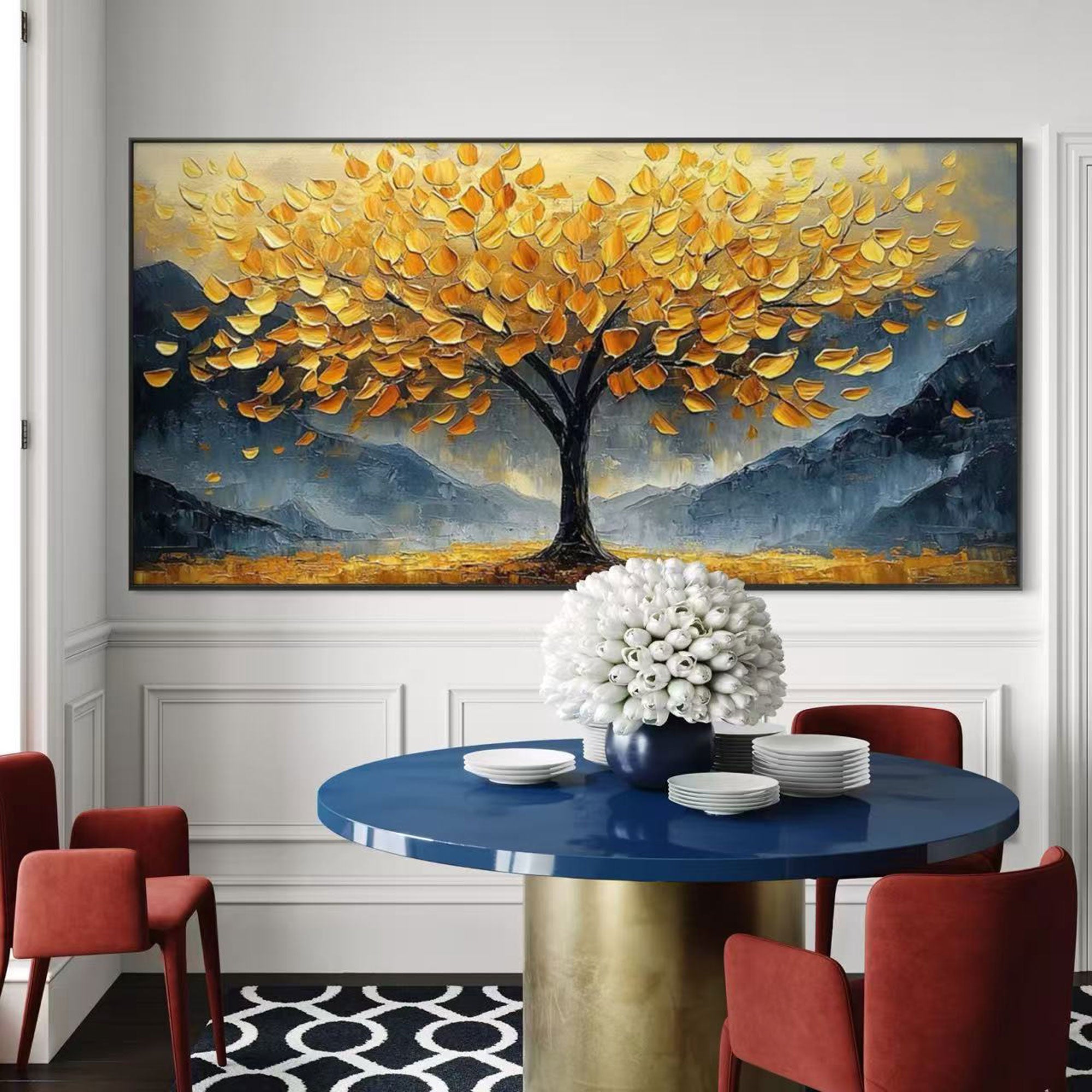 Expressionist landscape art: golden leaf tree against a blue mountain backdrop.
