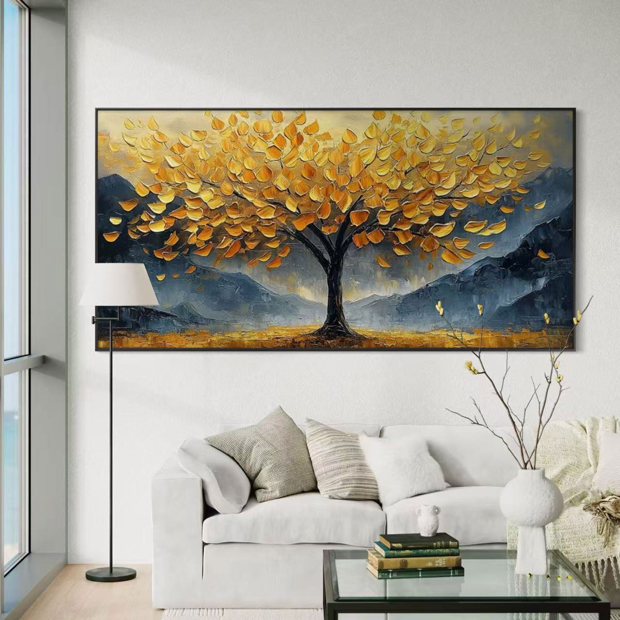 Expressionist golden tree canvas art in a bright living space.