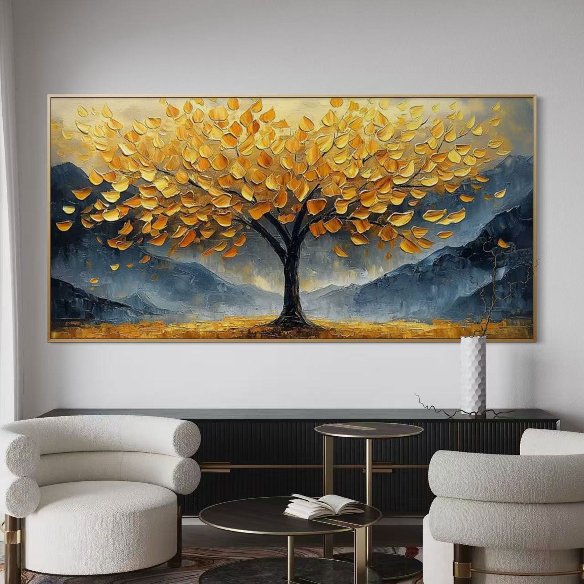 Expressionist tree art above a red couch in a modern living room.