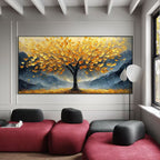 Expressionist tree art above a red couch in a modern living room.