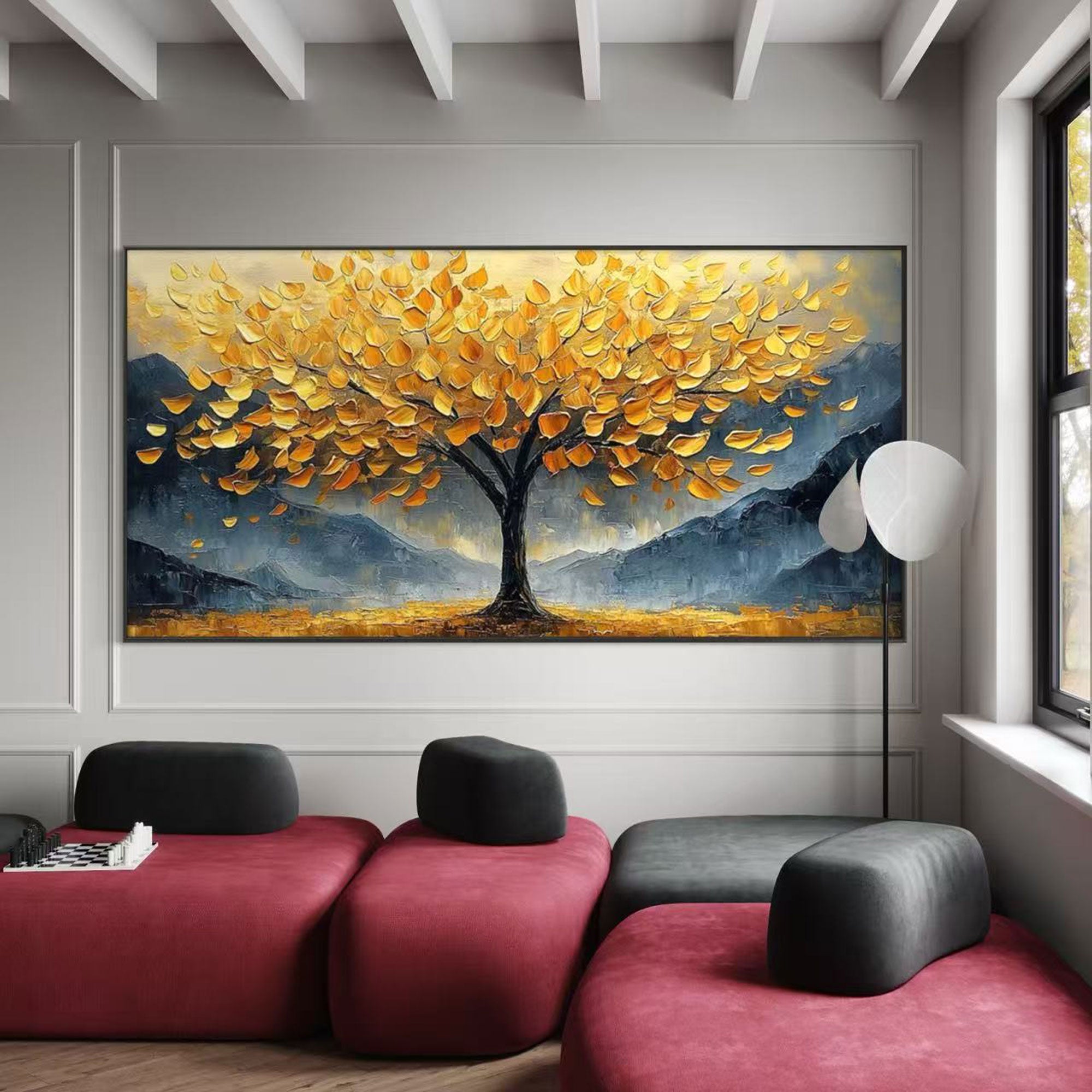 Expressionist tree art above a red couch in a modern living room.