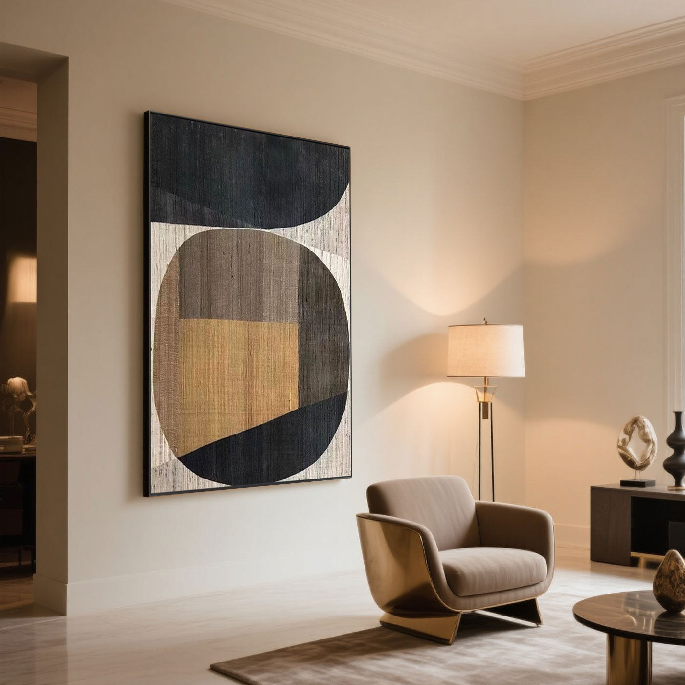Vertical Intersecta canvas art complements a modern living space with its earthy palette and minimalist design.