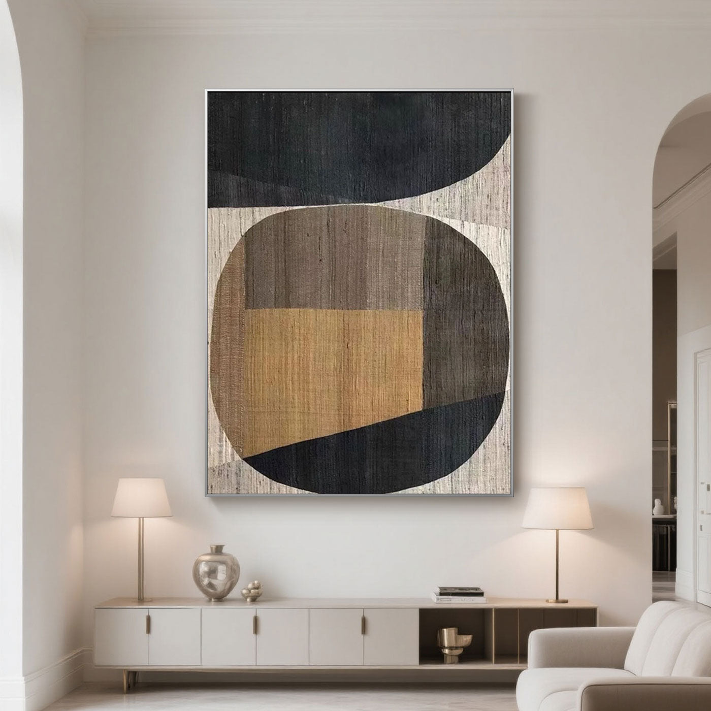 Intersecta geometric art enhances a modern living room with earthy tones and abstract shapes.