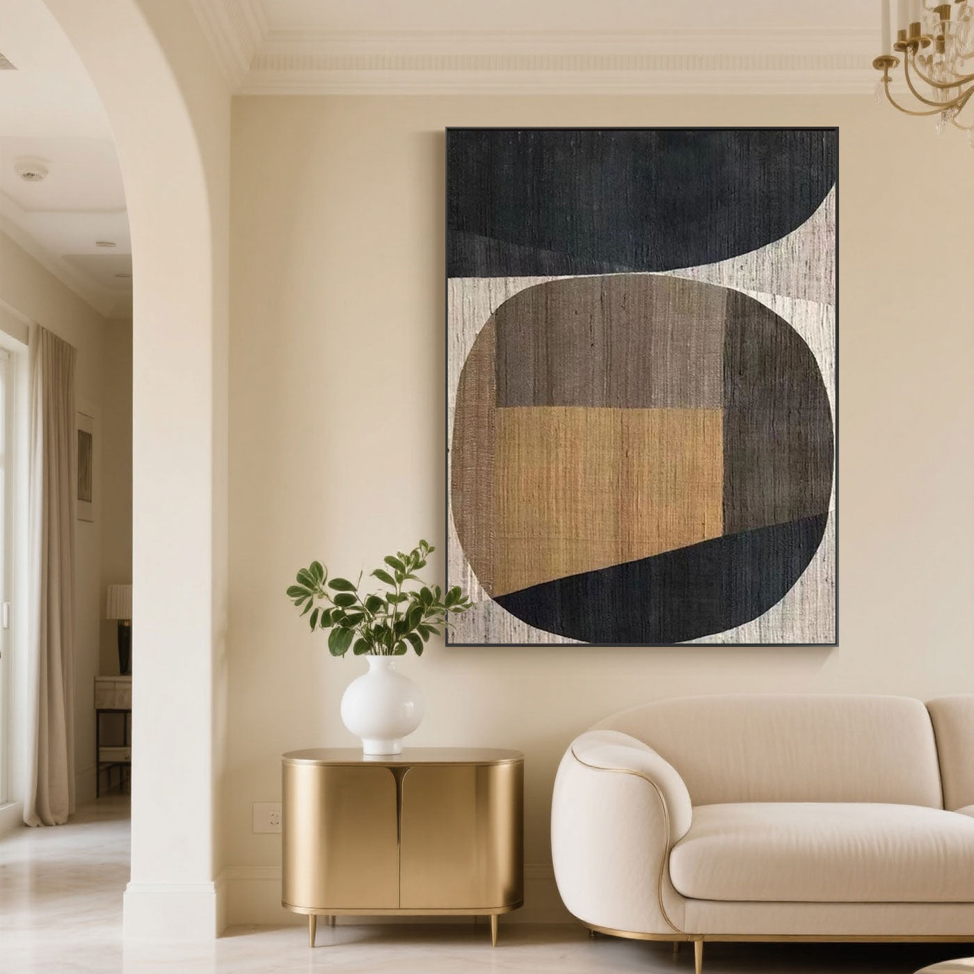 Intersecta wall art: A fusion of geometric shapes and earthy hues on hand-painted canvas.