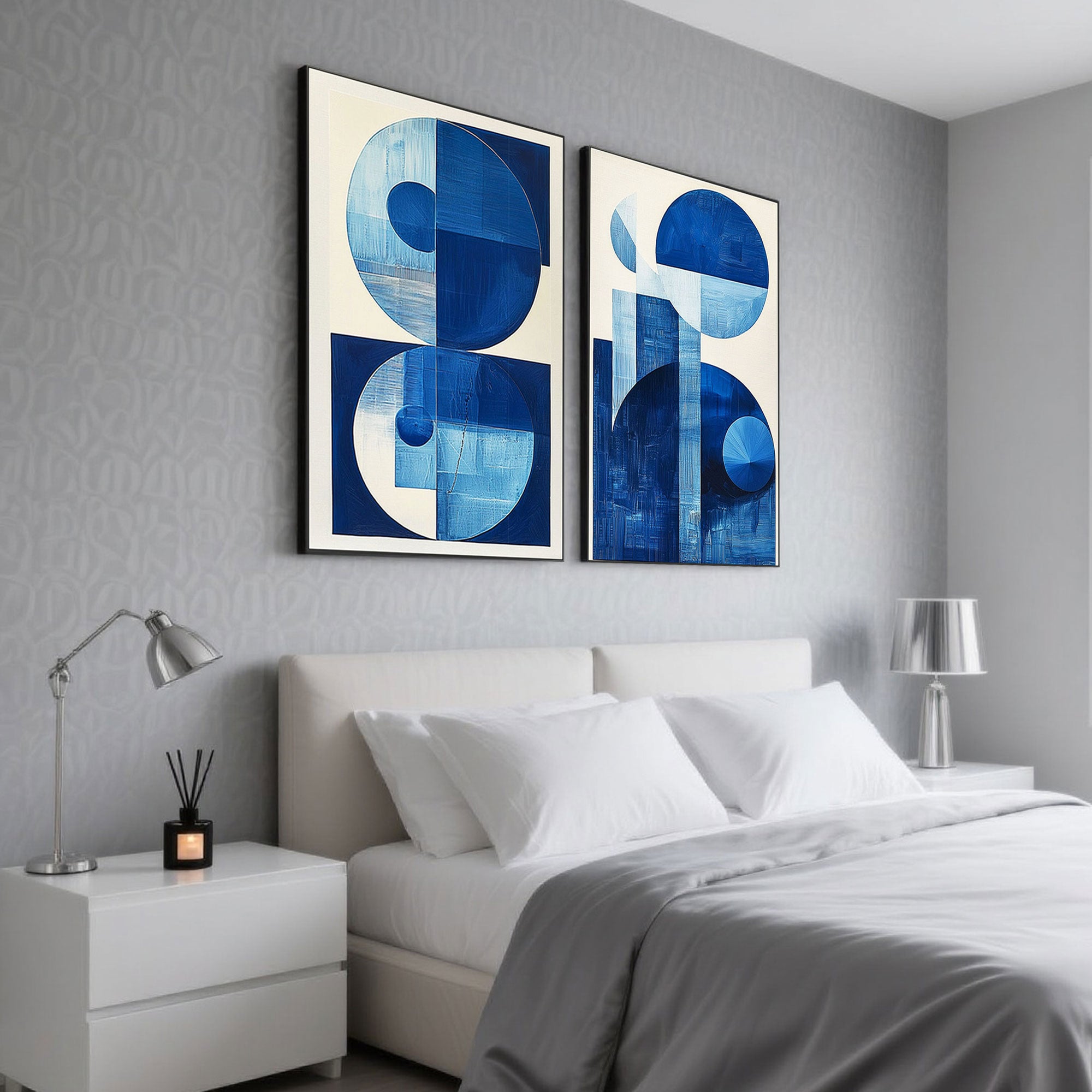 Framed blue geometric canvas art with modern furniture