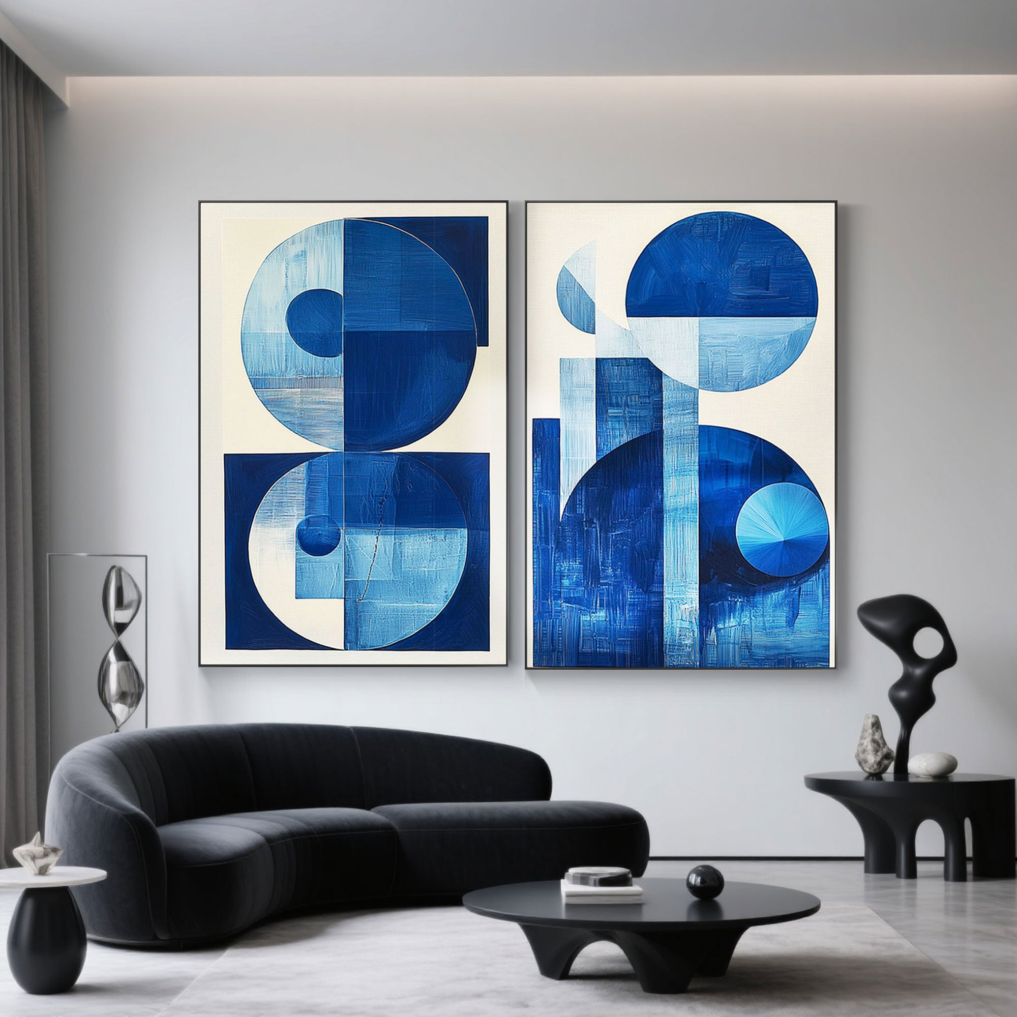 Contemporary decor featuring blue circular abstract art on wall