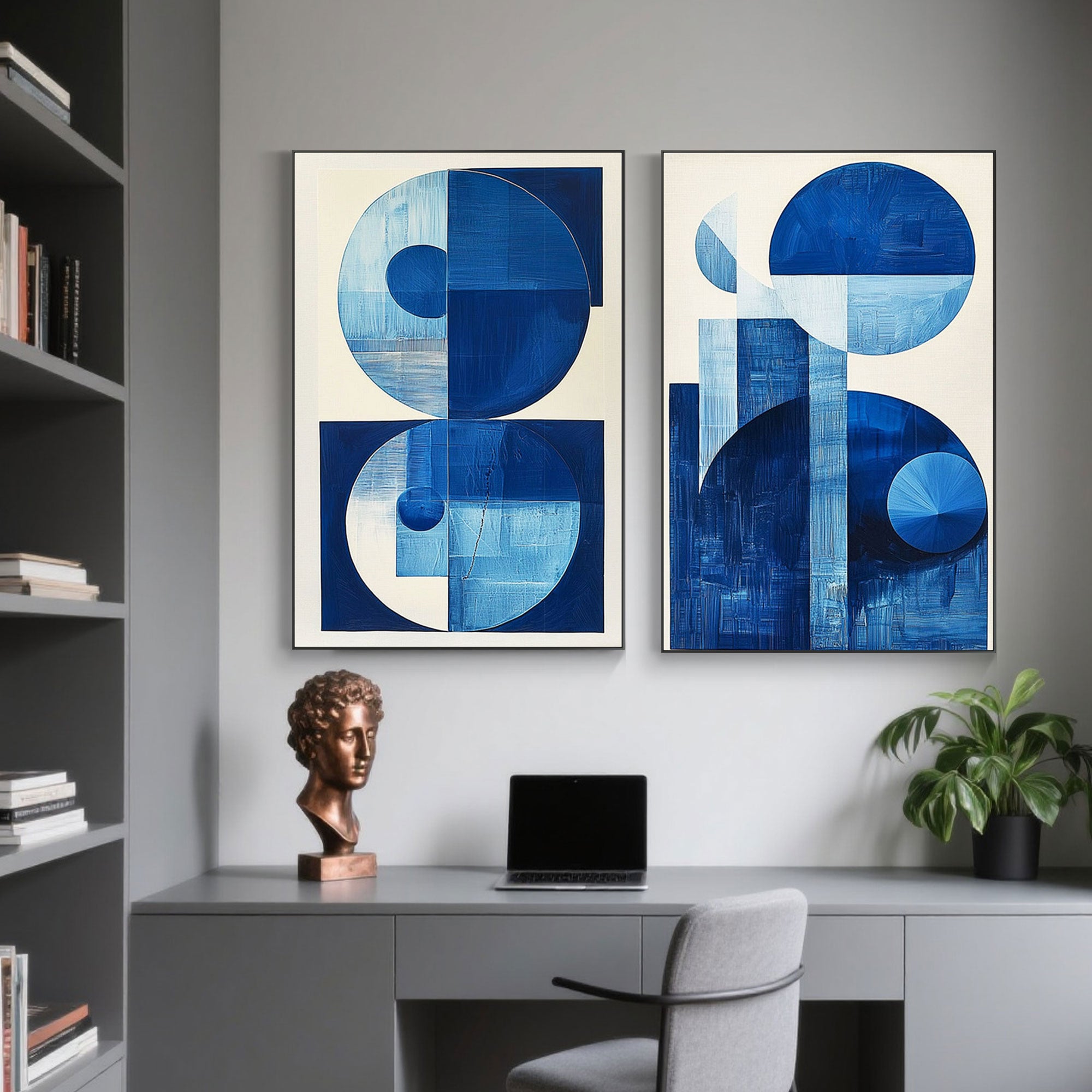 Geometric blue art in office setting with bookshelf
