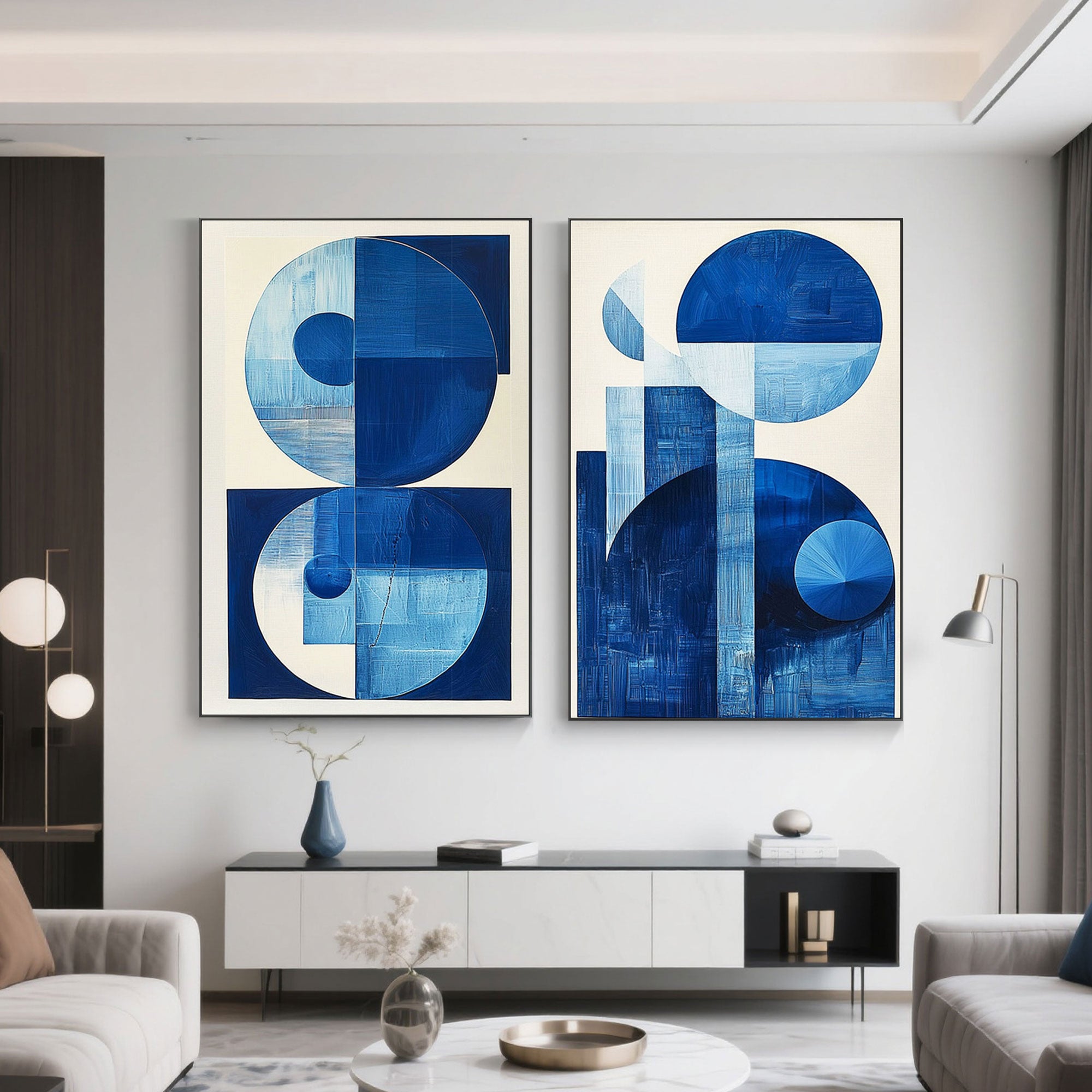 Modern living room with blue geometric abstract wall art