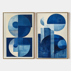 Blue geometric abstract painting with circles and shapes on canvas