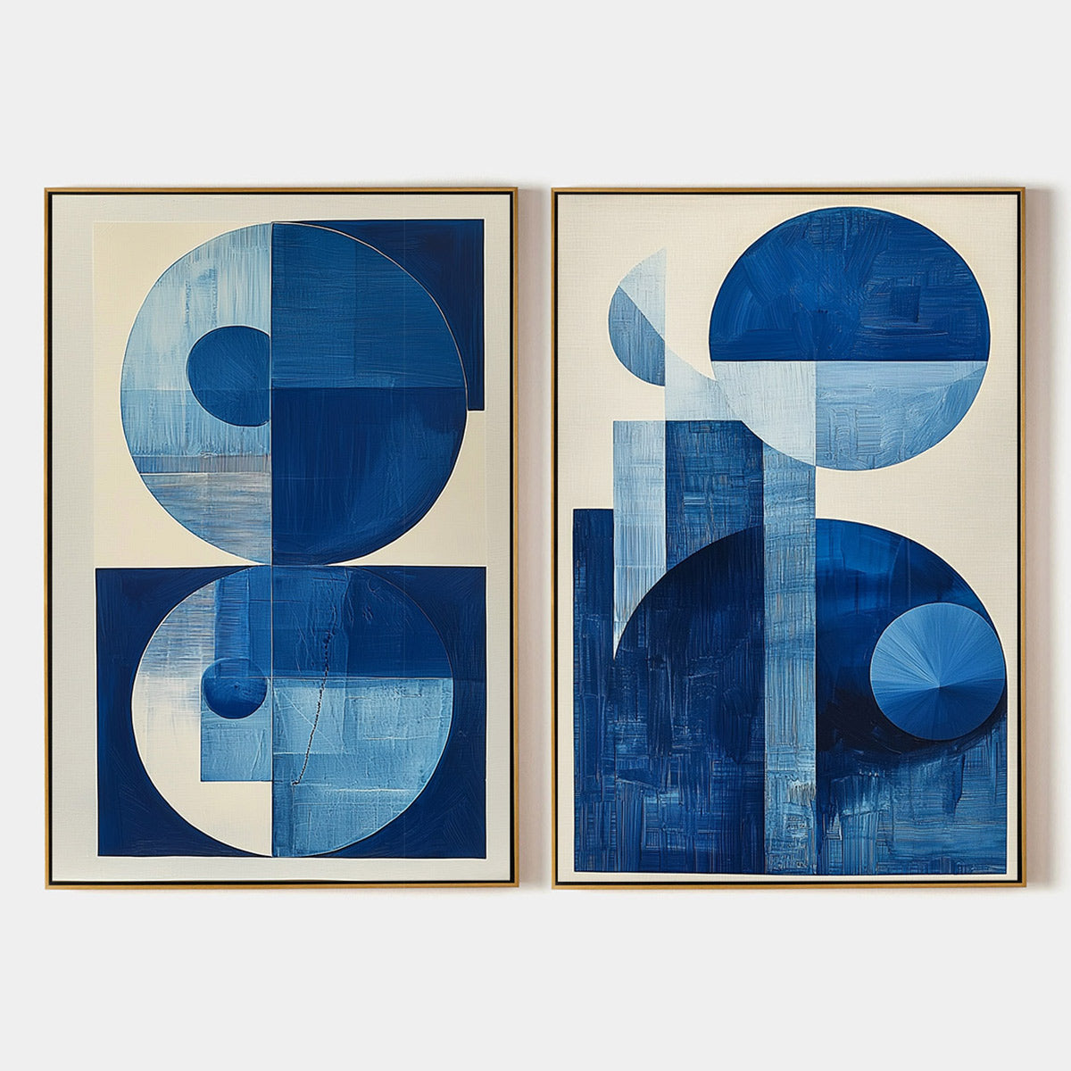 Blue geometric abstract painting with circles and shapes on canvas