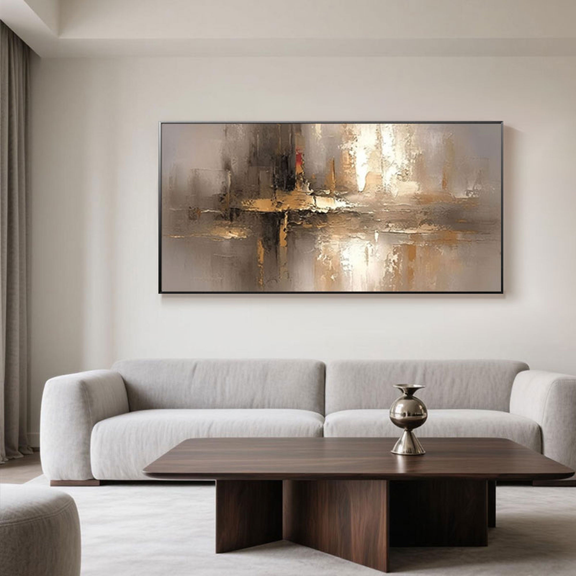 Modern horizontal abstract painting in gold and ivory tones displayed in a minimalist living room with a wooden coffee table and neutral-toned sofa, showcasing 3D textured wall art ideal for elegant contemporary interior spaces