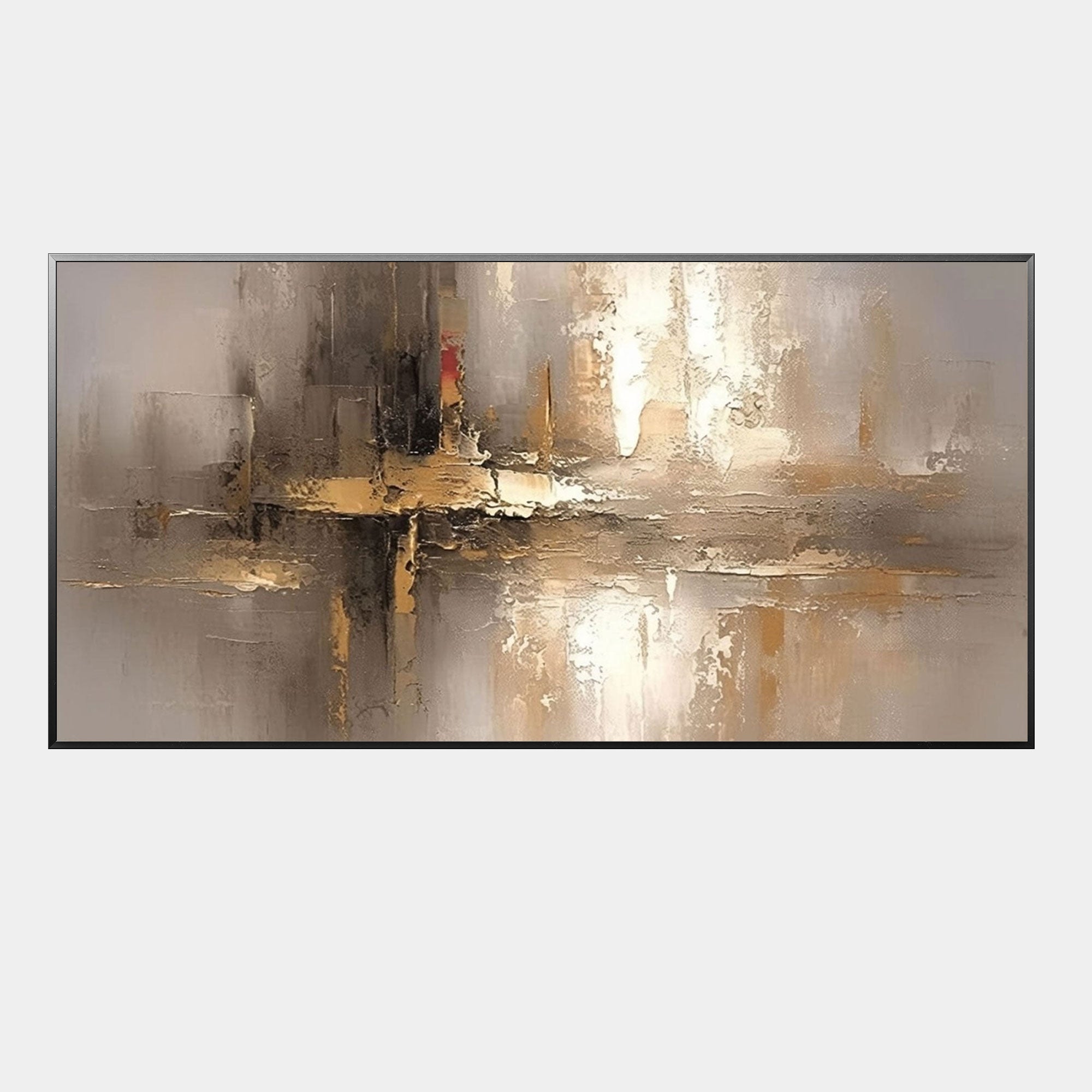 Modern abstract textured painting with golden and ivory color palette on a horizontal canvas, featuring a dynamic intersecting cross motif, painted with thick impasto techniques, perfect for contemporary home or office wall deco