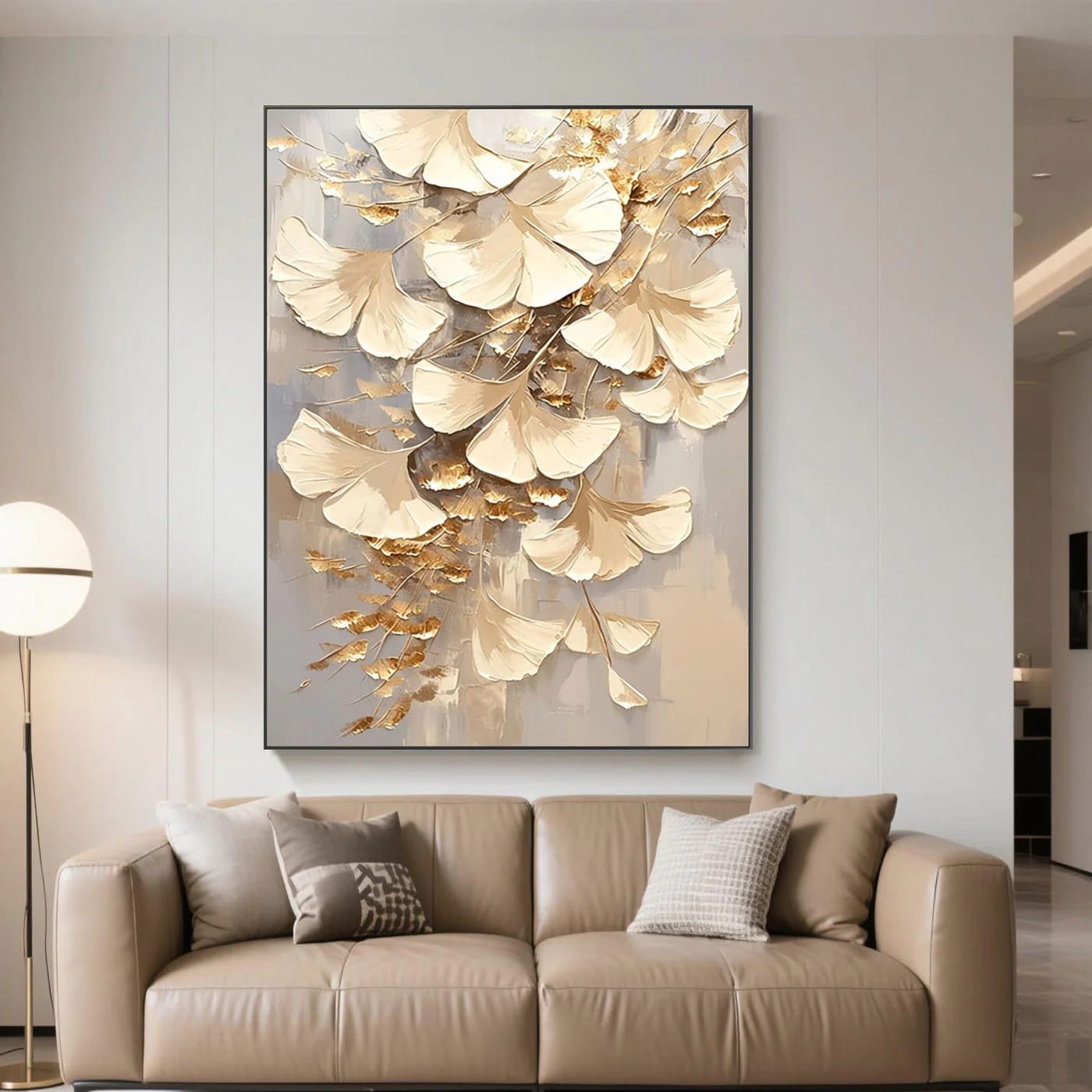 Golden Ginkgo Leaf Vertical Canvas Painting Hand-Painted Metallic