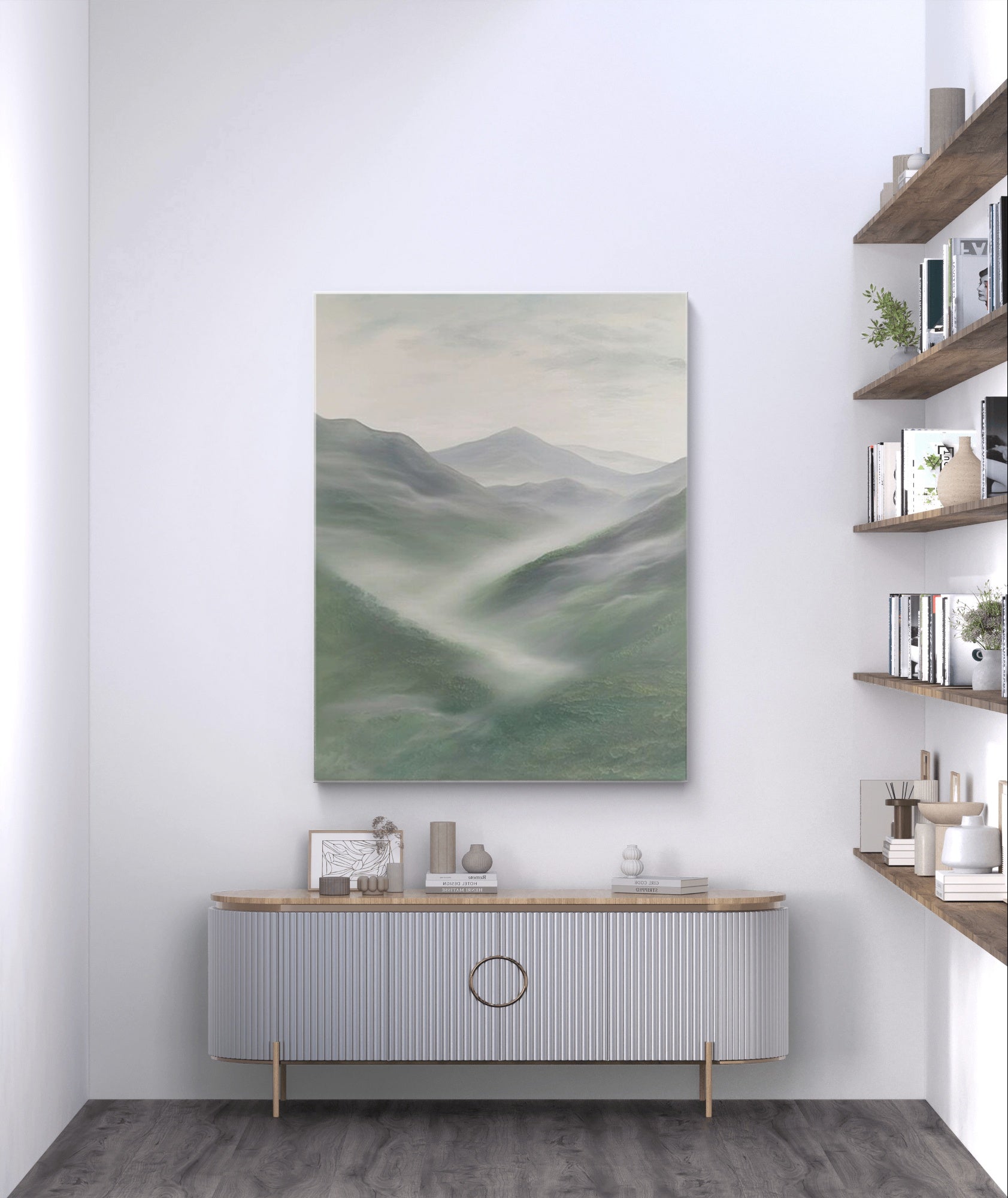 Green abstract mountain landscape painting, depicting misty mountains with soft green, grey, and white tones, adding tranquility and a natural touch to modern decor.